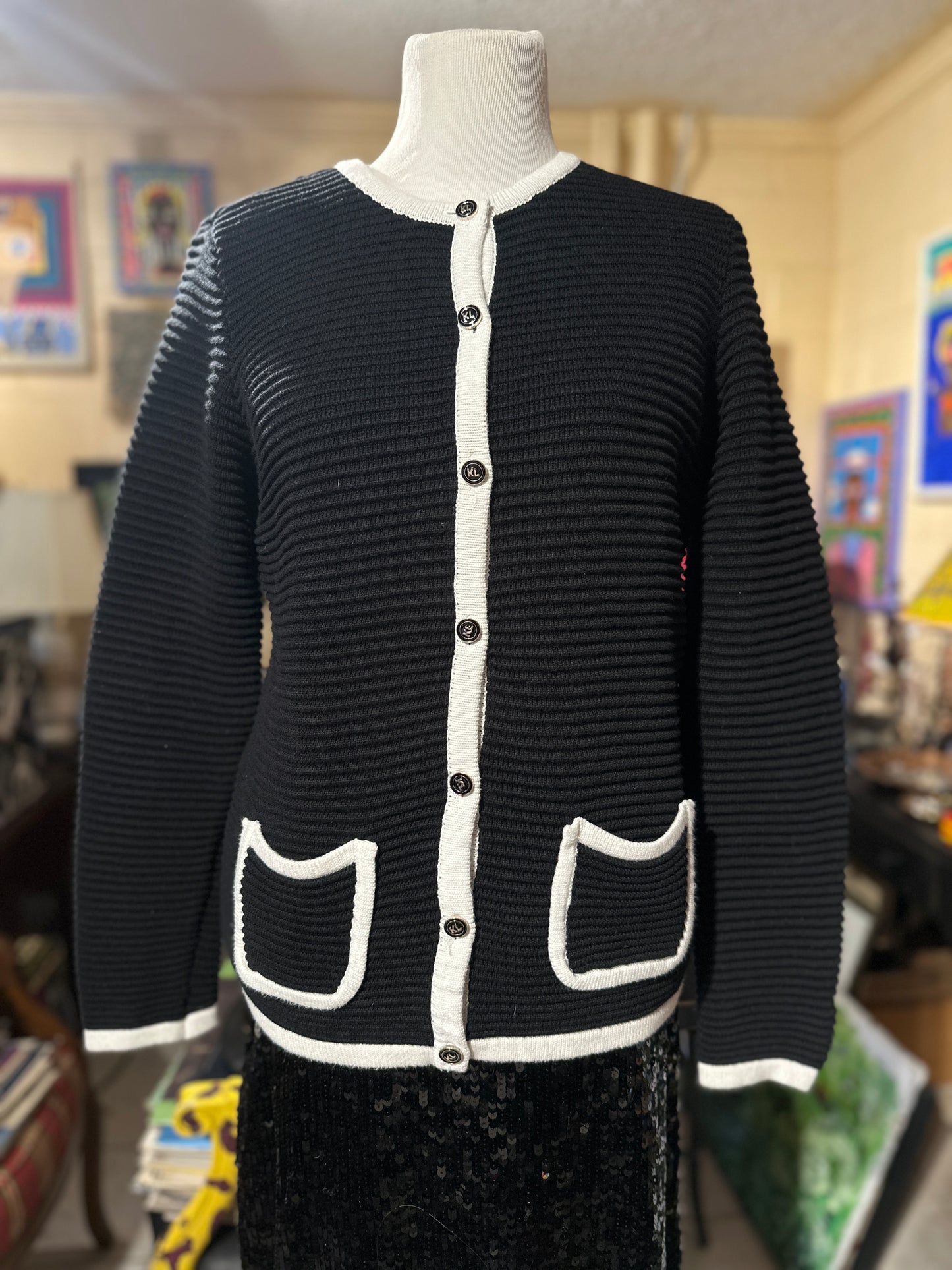 Tripp's Store / CLOTHING / Classic Karl Lagerfeld black cardigan with white trim and enamel KL buttons