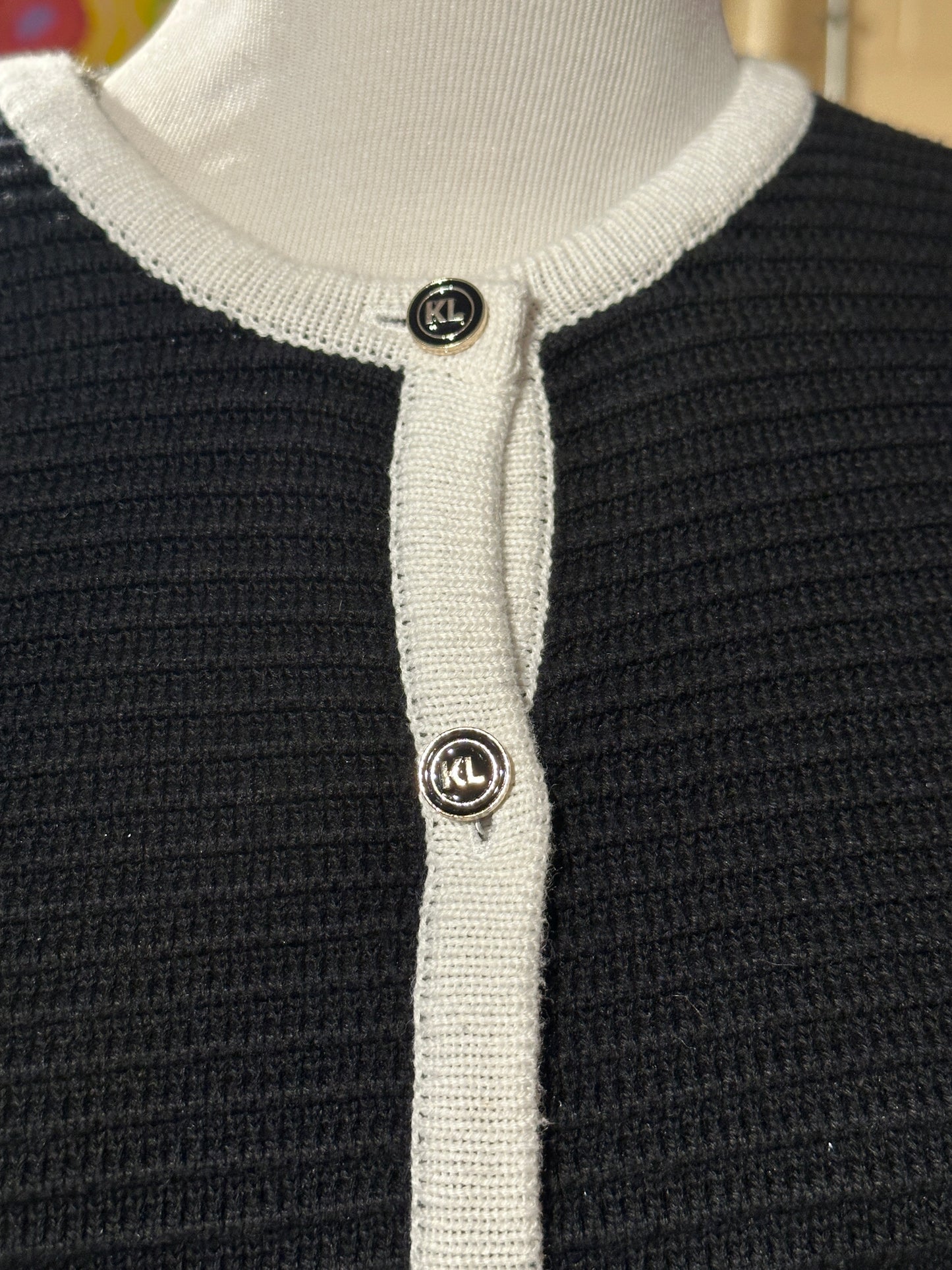 Tripp's Store / CLOTHING / Classic Karl Lagerfeld black cardigan with white trim and enamel KL buttons
