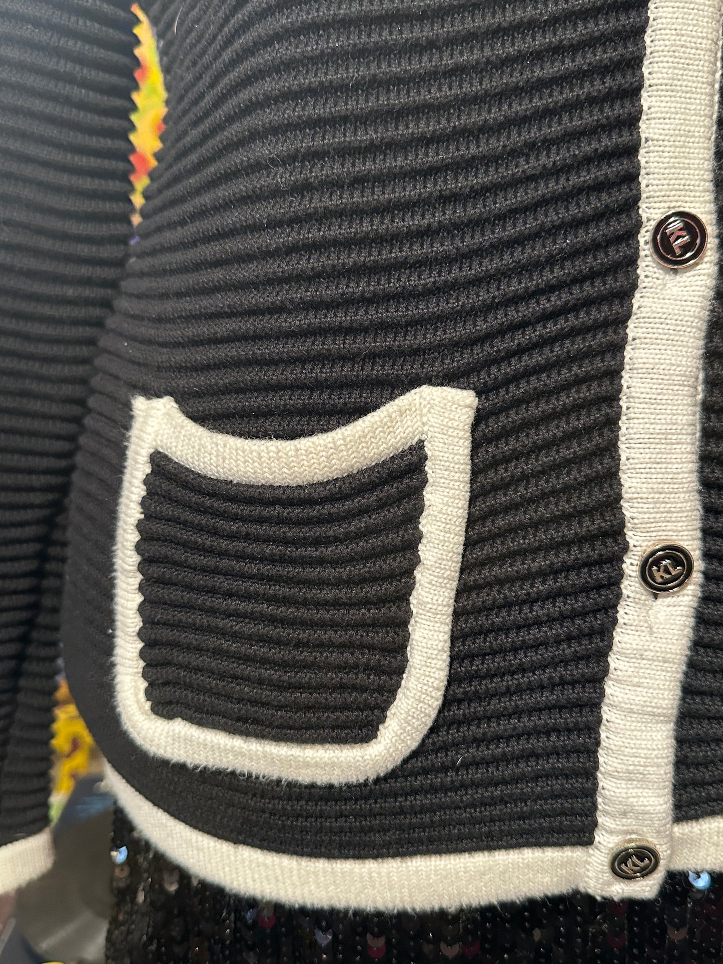 Tripp's Store / CLOTHING / Classic Karl Lagerfeld black cardigan with white trim and enamel KL buttons