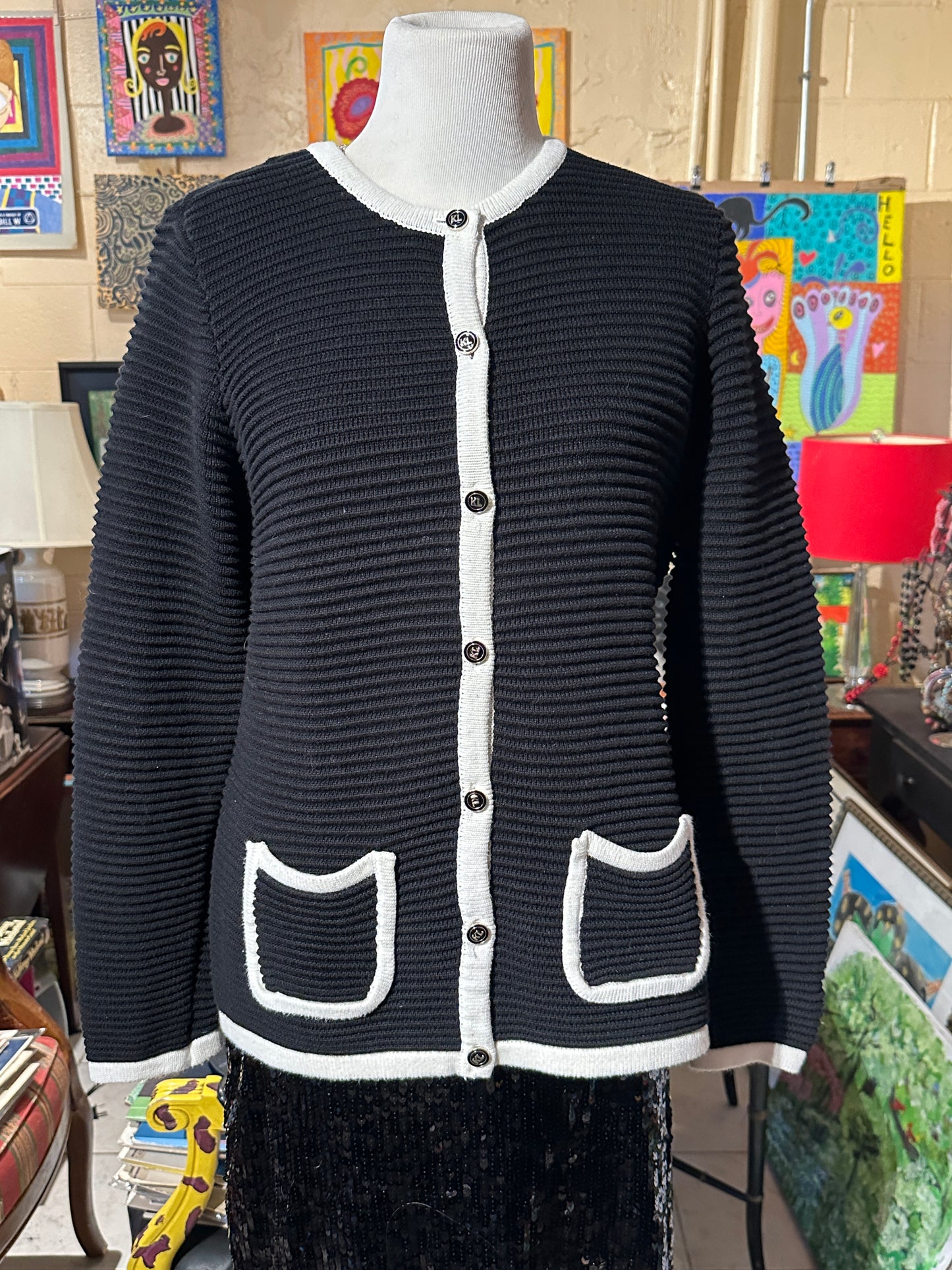 Tripp's Store / CLOTHING / Classic Karl Lagerfeld black cardigan with white trim and enamel KL buttons