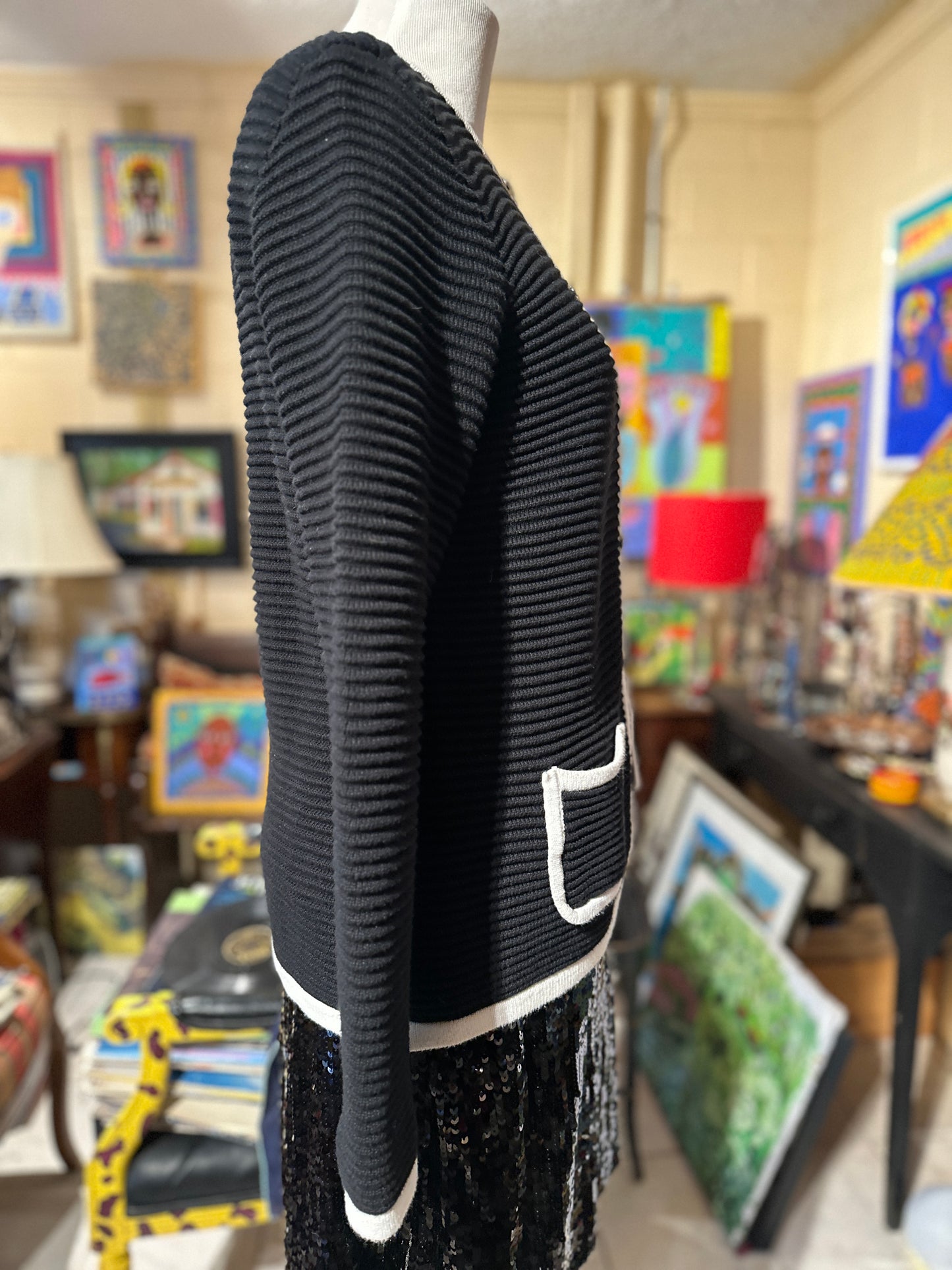 Tripp's Store / CLOTHING / Classic Karl Lagerfeld black cardigan with white trim and enamel KL buttons