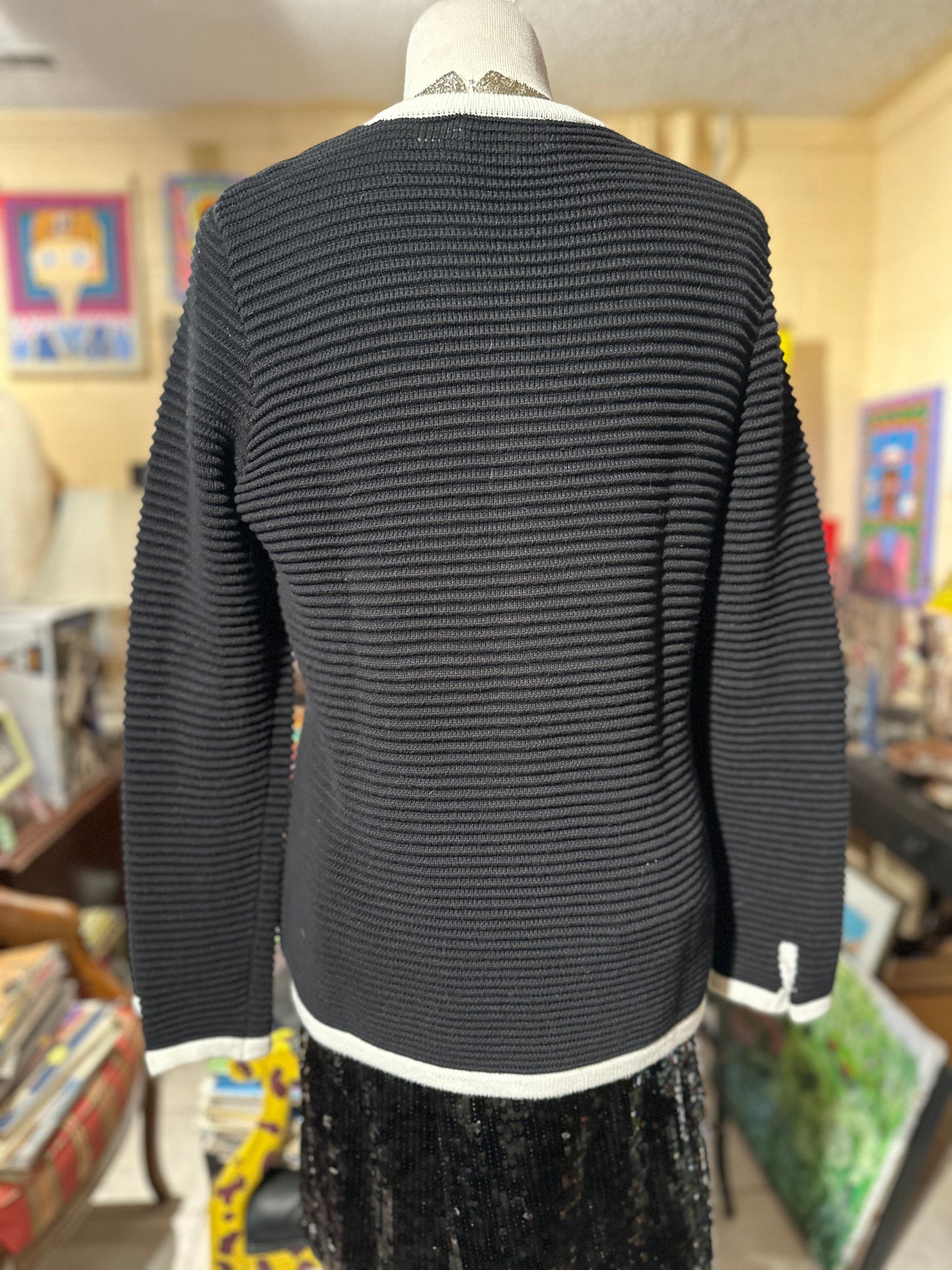 Tripp's Store / CLOTHING / Classic Karl Lagerfeld black cardigan with white trim and enamel KL buttons