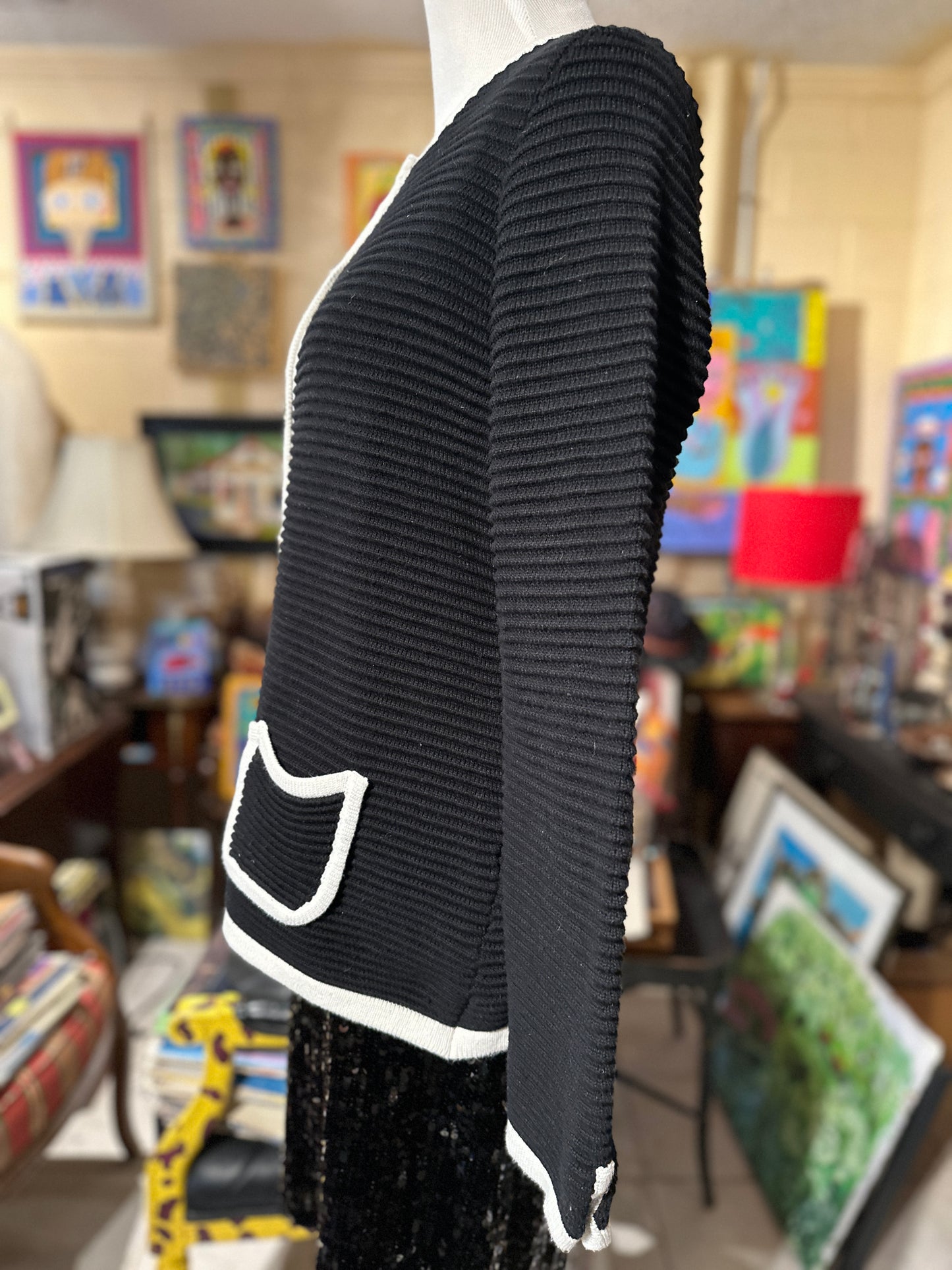 Tripp's Store / CLOTHING / Classic Karl Lagerfeld black cardigan with white trim and enamel KL buttons
