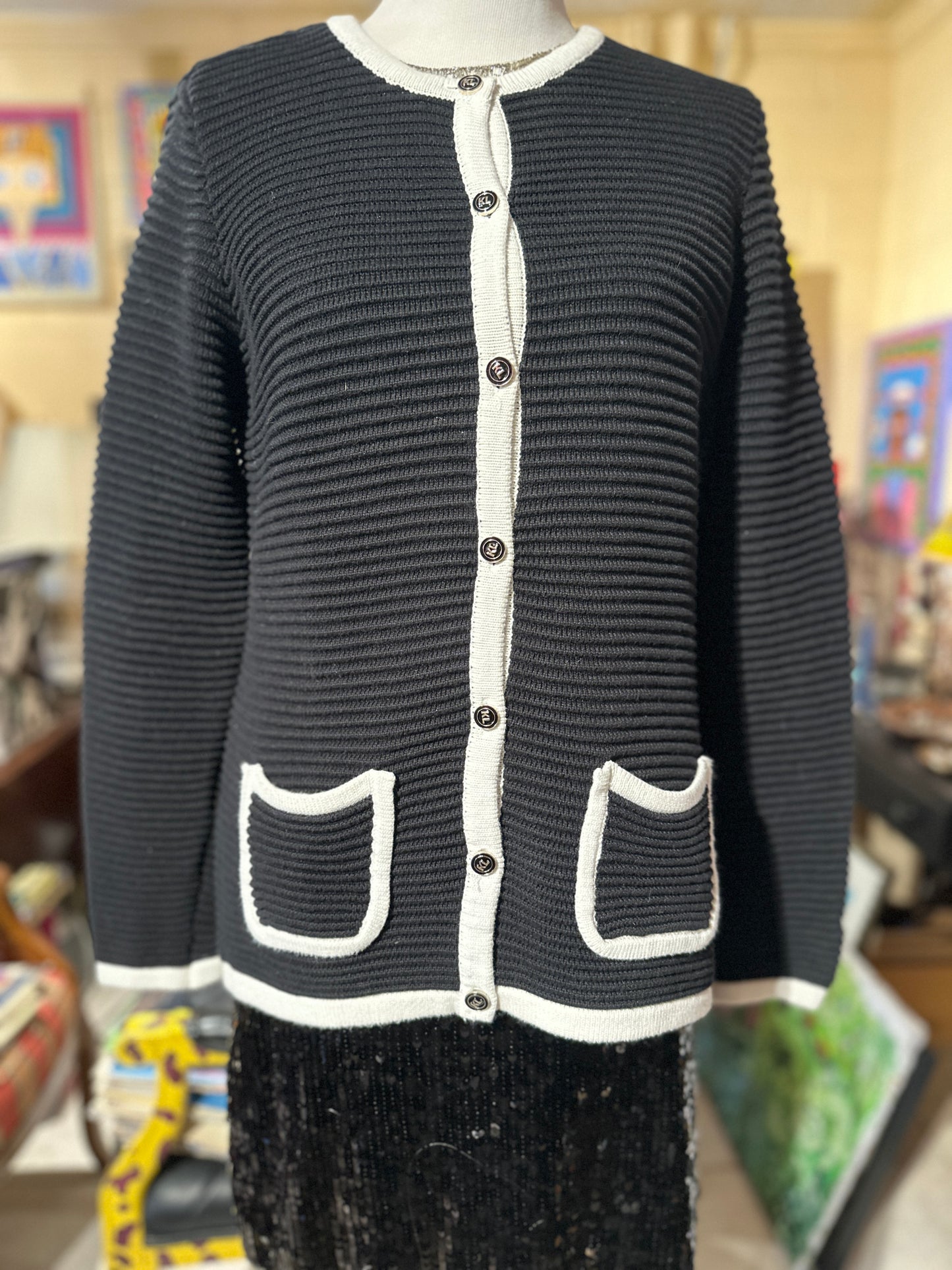 Tripp's Store / CLOTHING / Classic Karl Lagerfeld black cardigan with white trim and enamel KL buttons