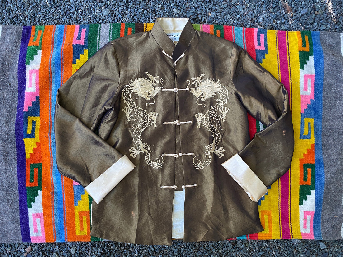 Tripp's Store / Brown and gold Chinese silk jacket // Women's Size Medium // dragon embroidered brown silk jacket