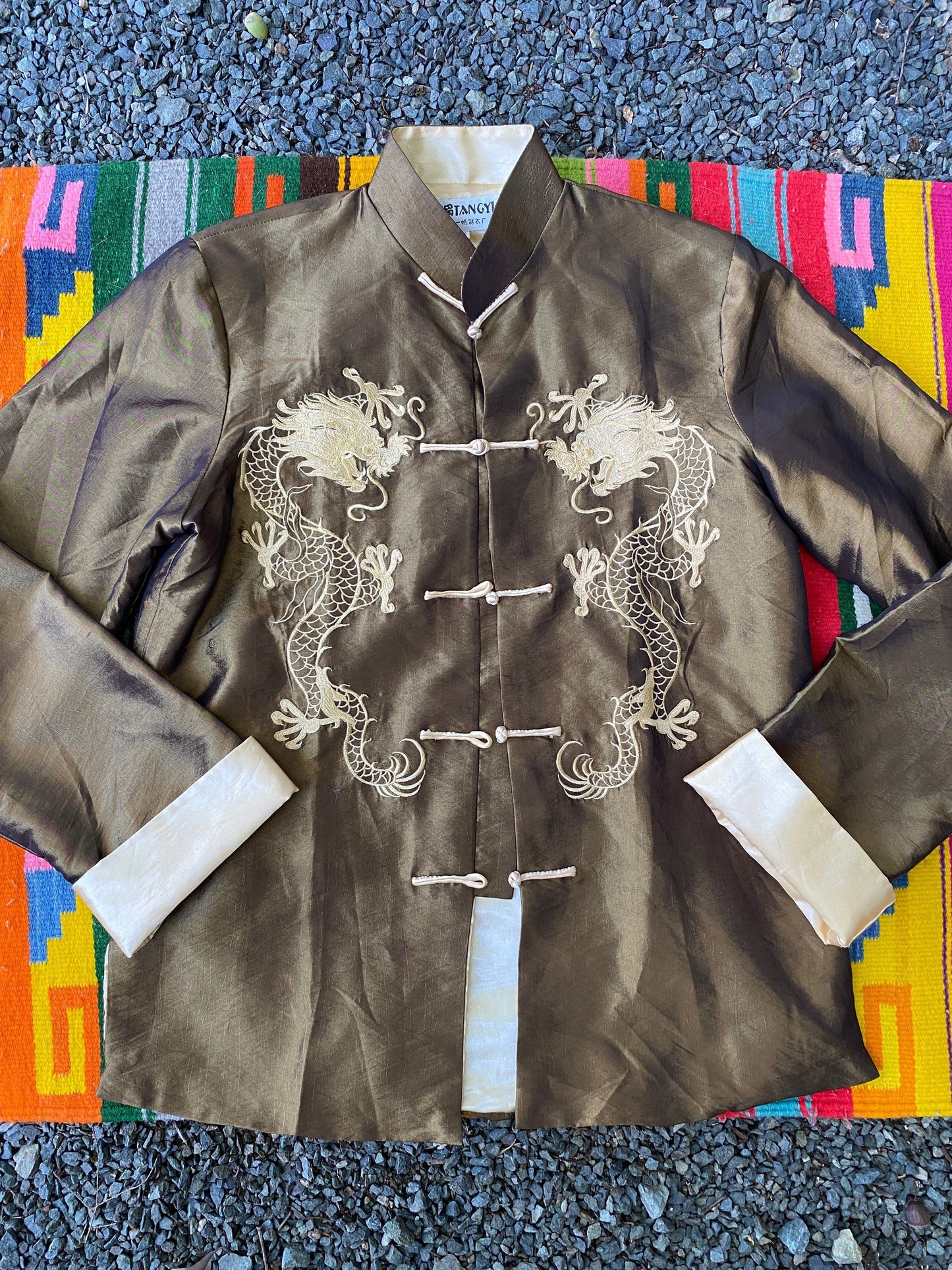Tripp's Store / Brown and gold Chinese silk jacket // Women's Size Medium // dragon embroidered brown silk jacket
