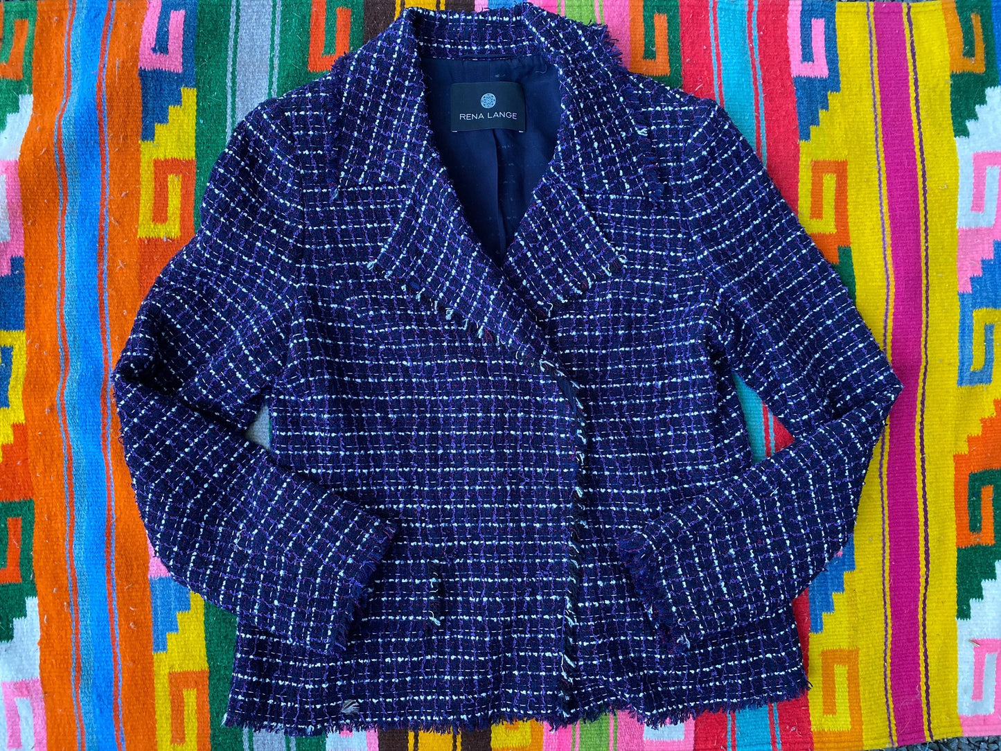 Tripp's Store / Vintage Lovely fringed Wool striped Rena Lange jacket // Women's Size 12 // Black, white purple preppy boho Rena Lange jacket