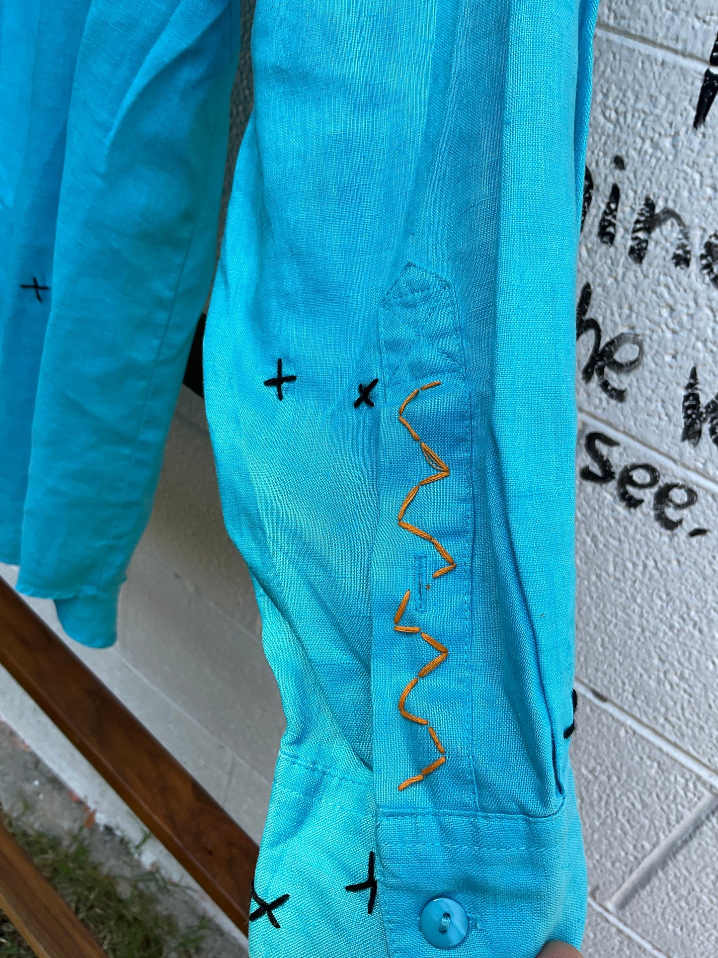 Tripp's Store / Bespoke One of a kind, stitched blue linen oversize shirt // size XL // turquoise linen bespoke stitched button front shirt