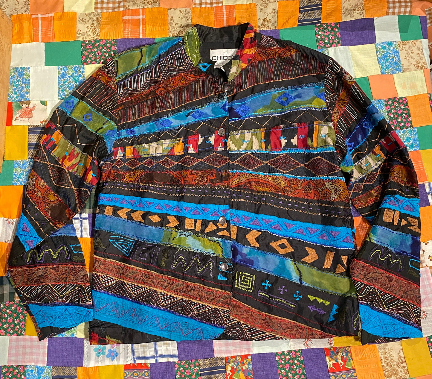 Tripp's Store / Jacket / Patchwork silk Chico's single breasted Blazer // size 0 // Multi print silk single breasted jacket