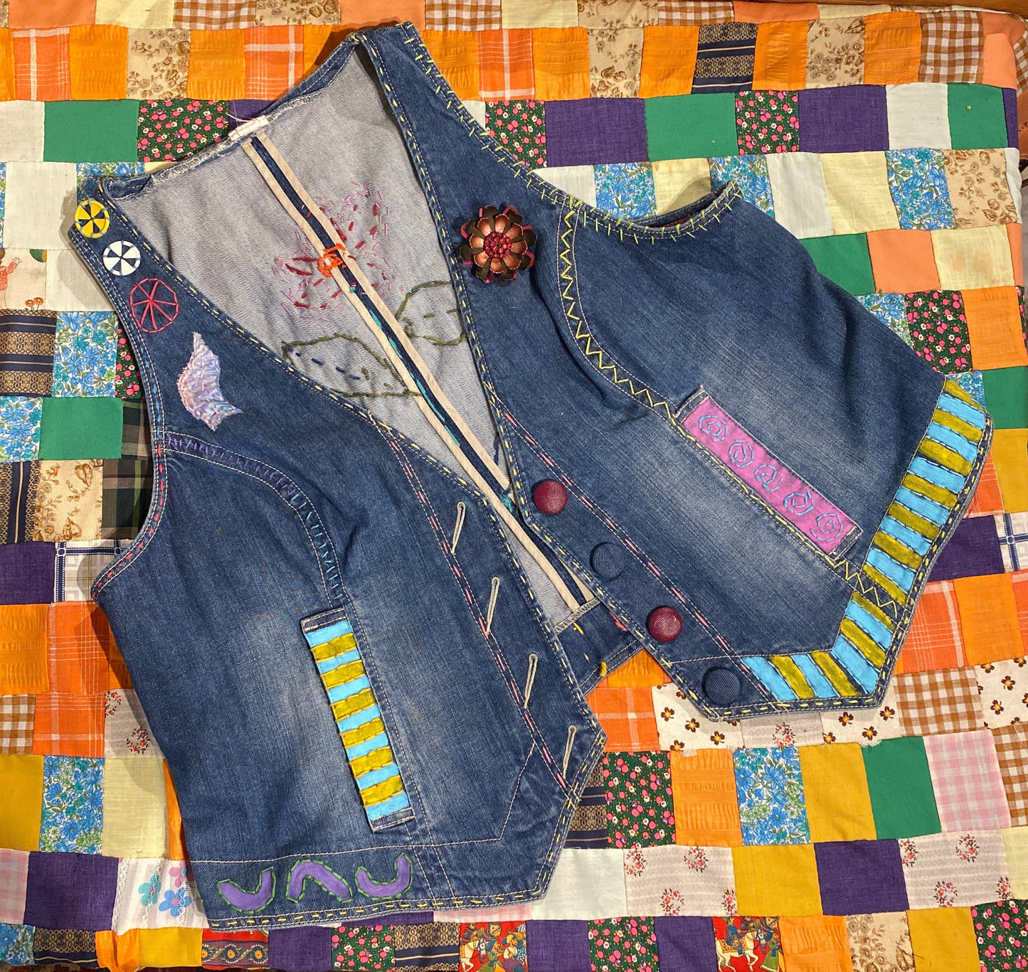 Tripp's Store : One a kind hand stitched denim jean floral painted embroidered vest // Women’s Size XXL