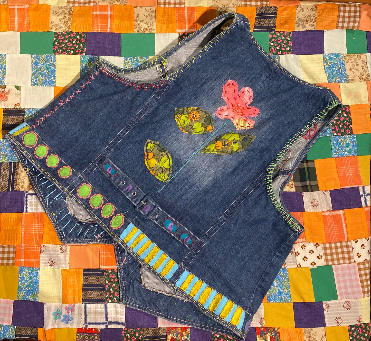 Tripp's Store : One a kind hand stitched denim jean floral painted embroidered vest // Women’s Size XXL