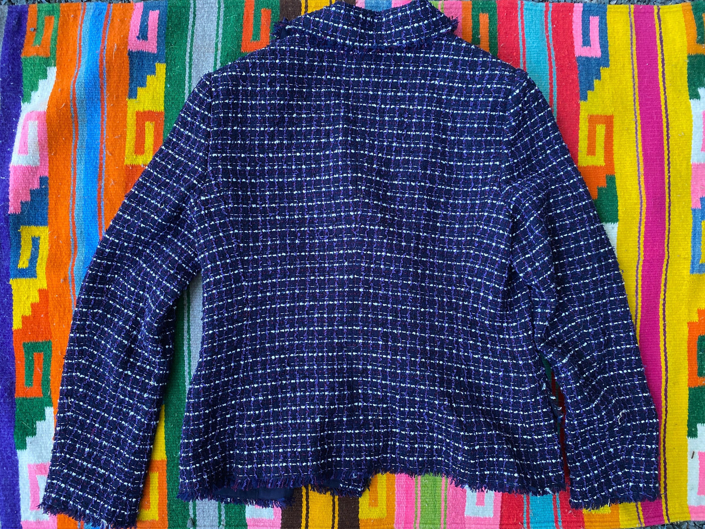 Tripp's Store / Vintage Lovely fringed Wool striped Rena Lange jacket // Women's Size 12 // Black, white purple preppy boho Rena Lange jacket
