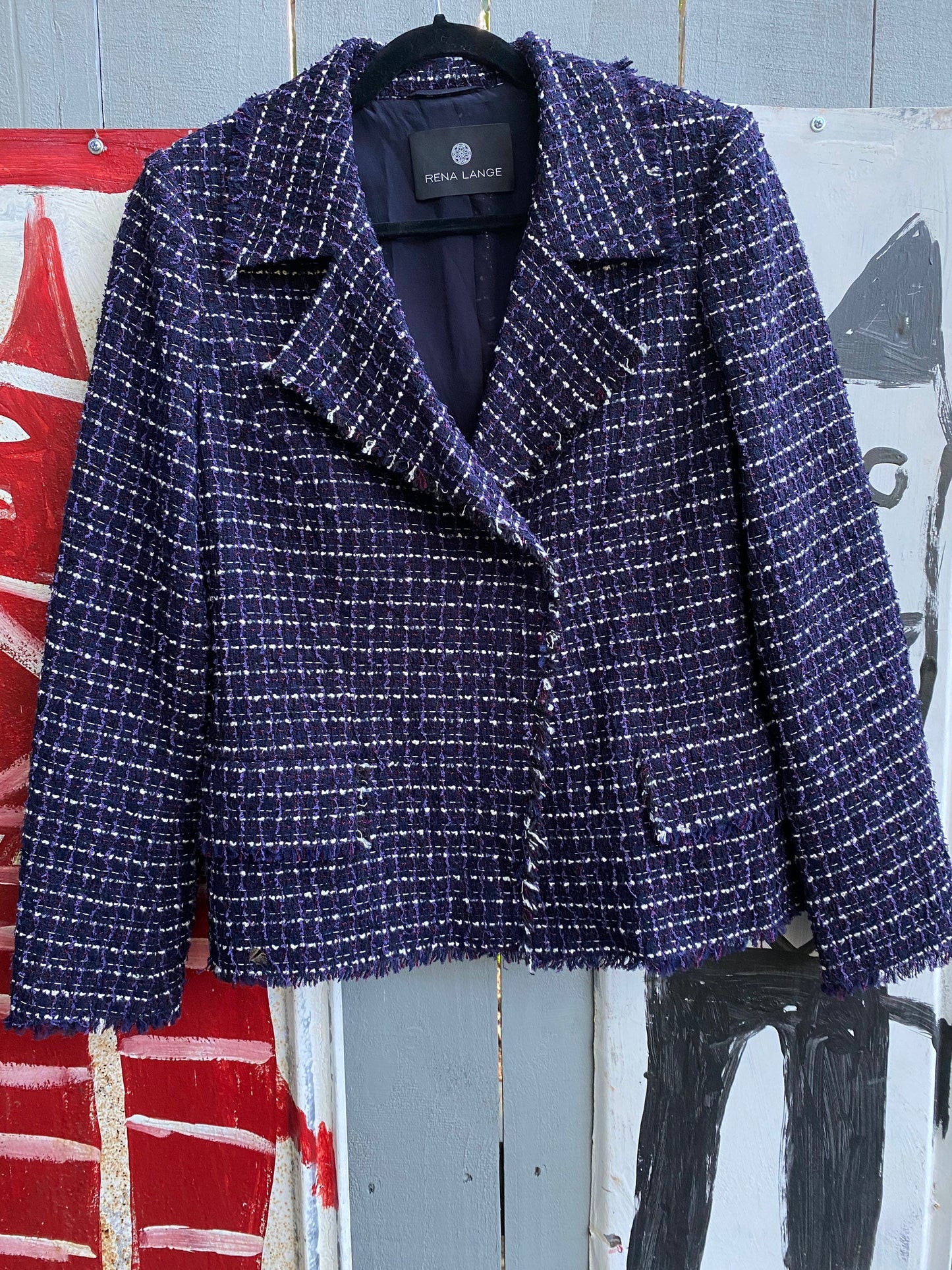 Tripp's Store / Vintage Lovely fringed Wool striped Rena Lange jacket // Women's Size 12 // Black, white purple preppy boho Rena Lange jacket