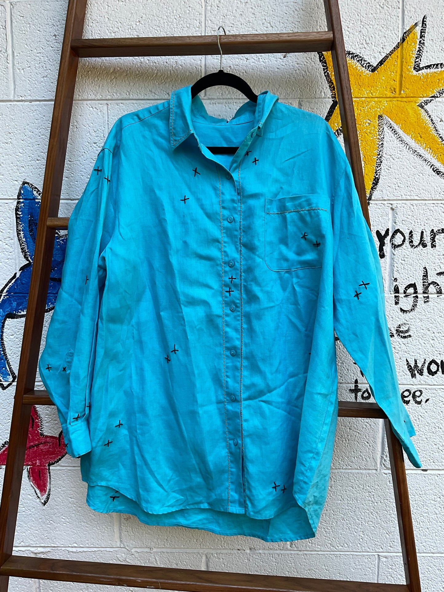 Tripp's Store / Bespoke One of a kind, stitched blue linen oversize shirt // size XL // turquoise linen bespoke stitched button front shirt