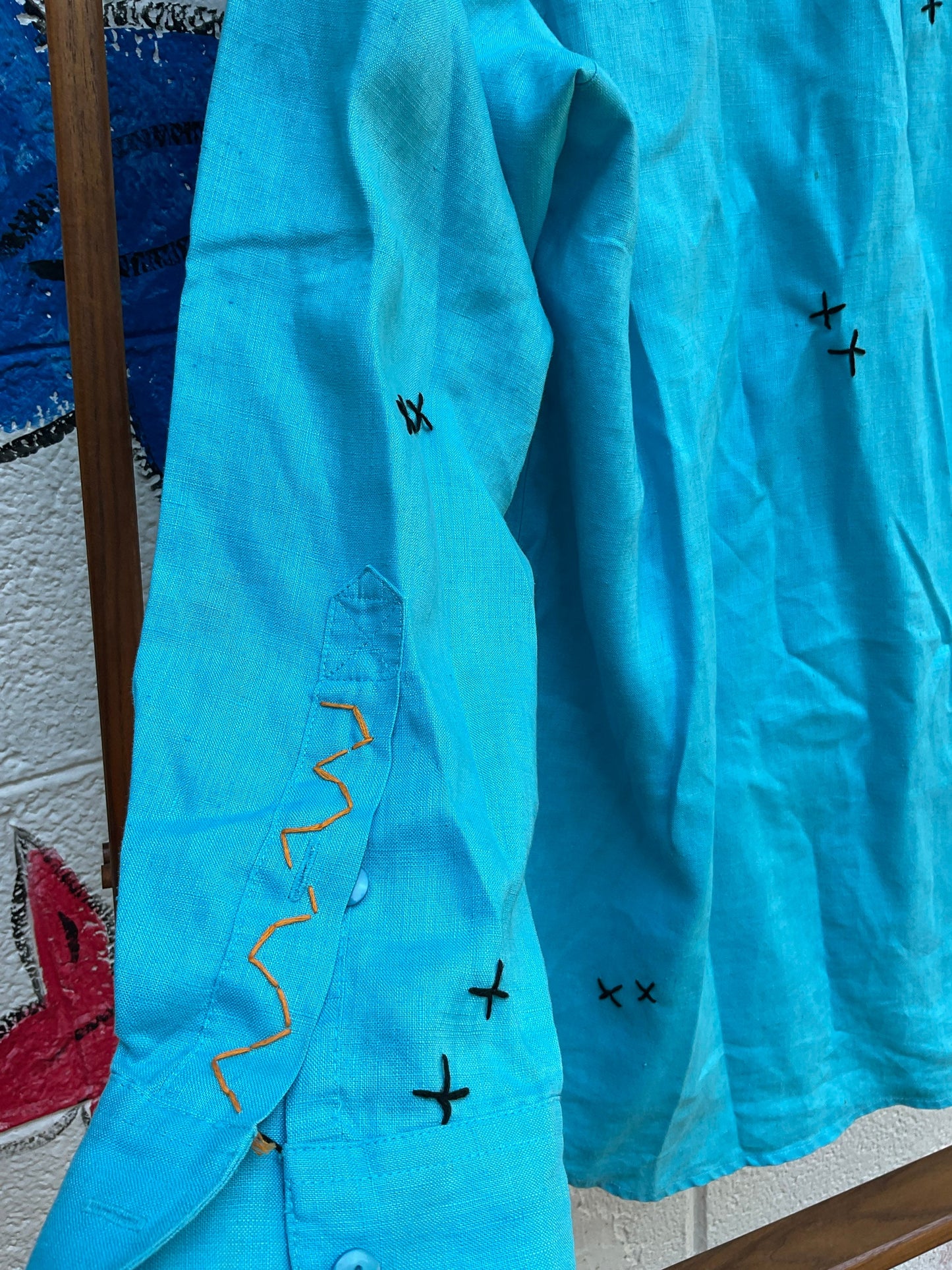 Tripp's Store / Bespoke One of a kind, stitched blue linen oversize shirt // size XL // turquoise linen bespoke stitched button front shirt