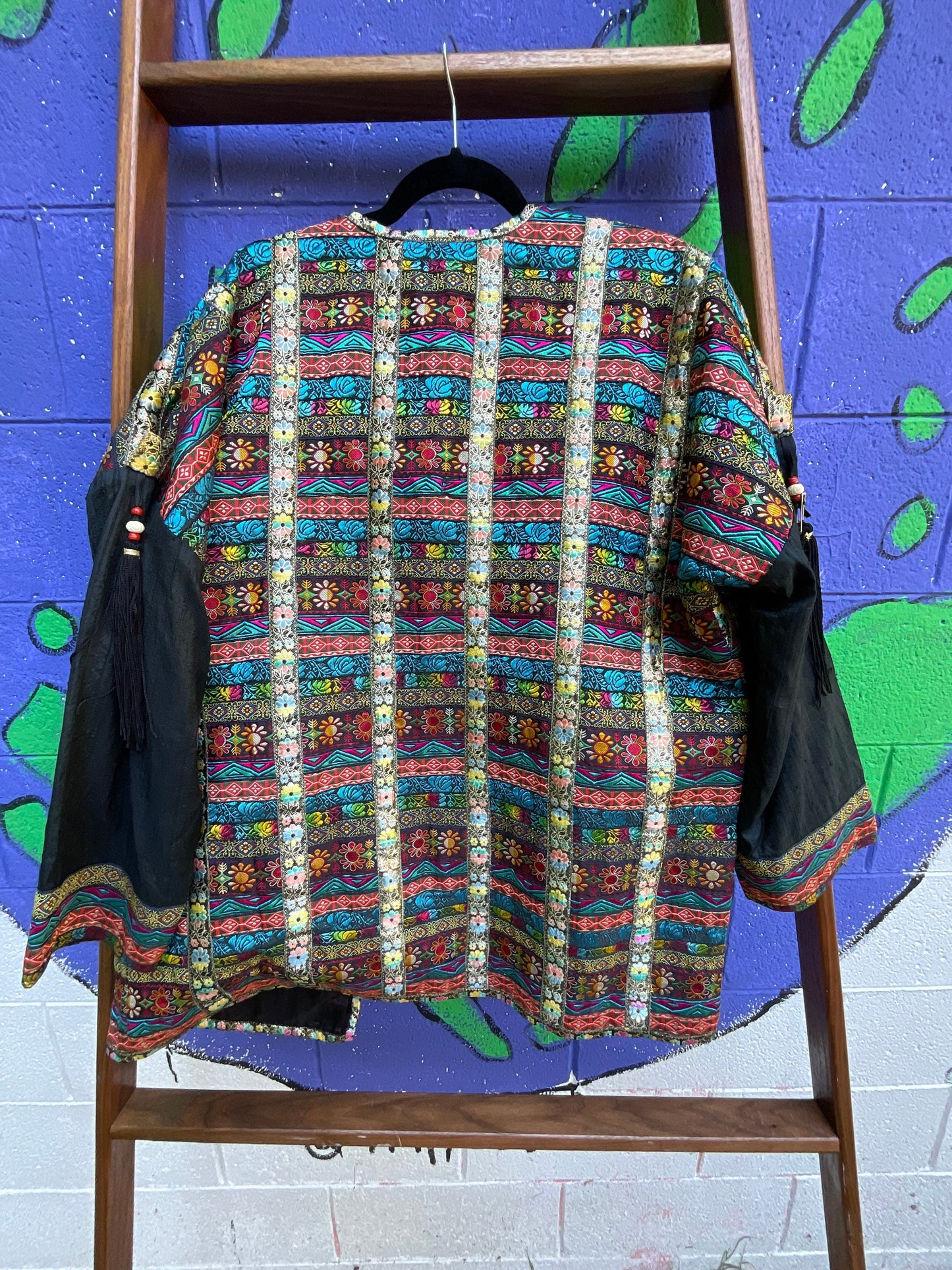 Tripp's Store / Brocade ribbon on black women's tunic coat // size medium // Brocade dressy tunic jacket with tassels
