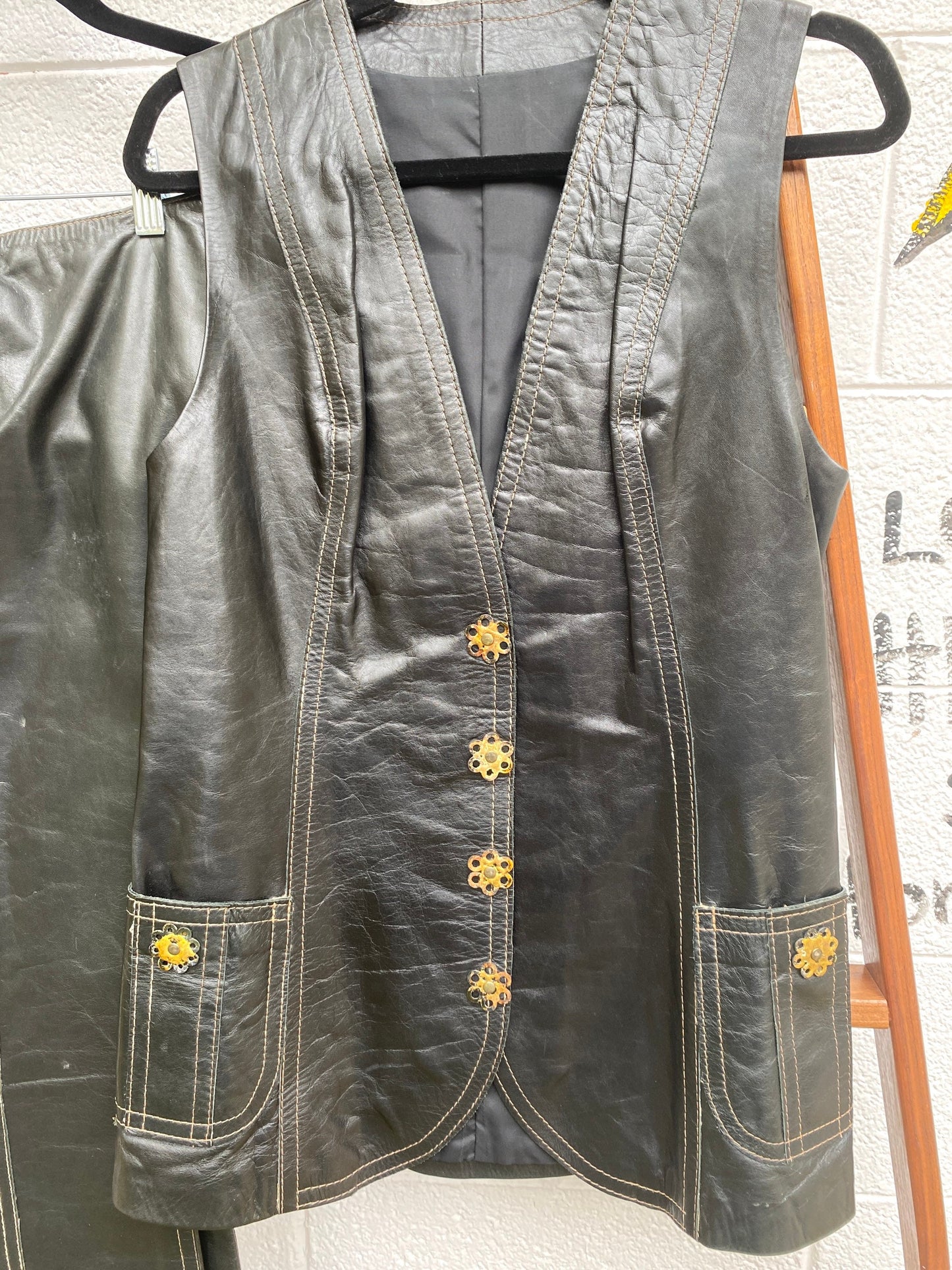 Tripp's Store : Vintage black leather 70's pantsuit // size 12 // Black leather groovy pant suit