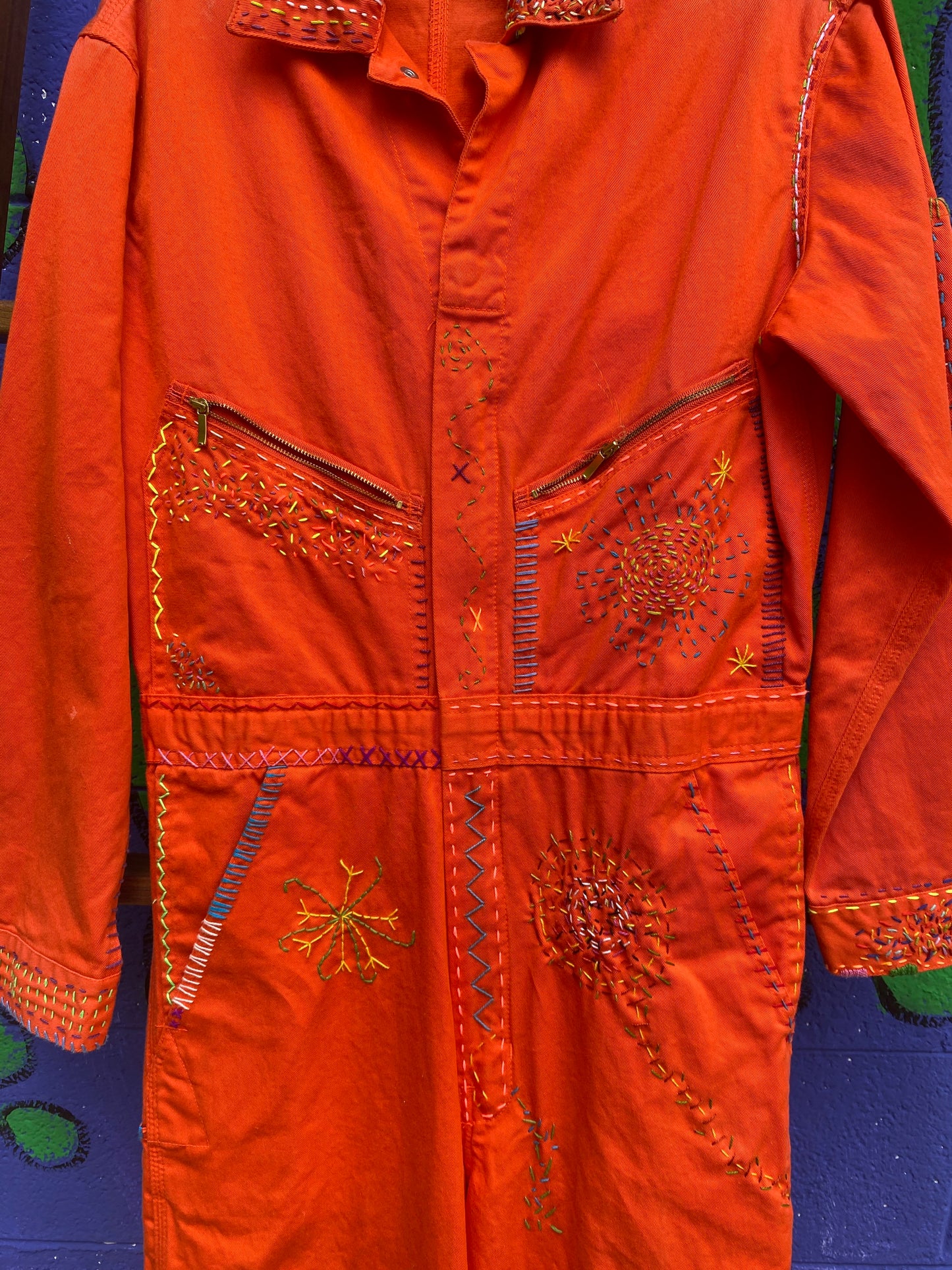 Tripp's Store : Bespoke hand stitched bright orange boiler suit // Men's Size Medium // One of a kind stitched coveralls