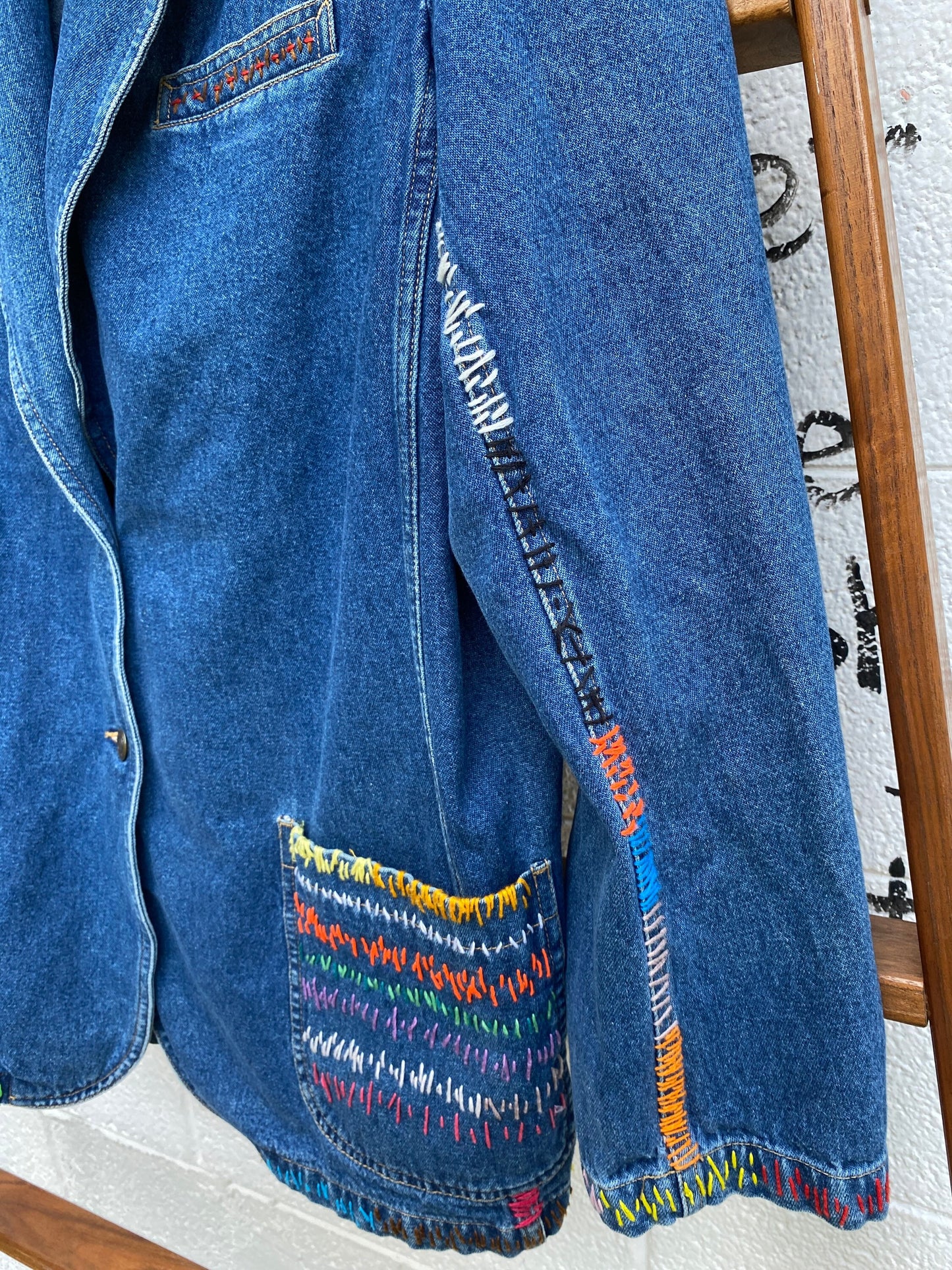 Tripp's Store : One of a kind stitched denim blazer // size large // Stitched bespoke blue jean blazer