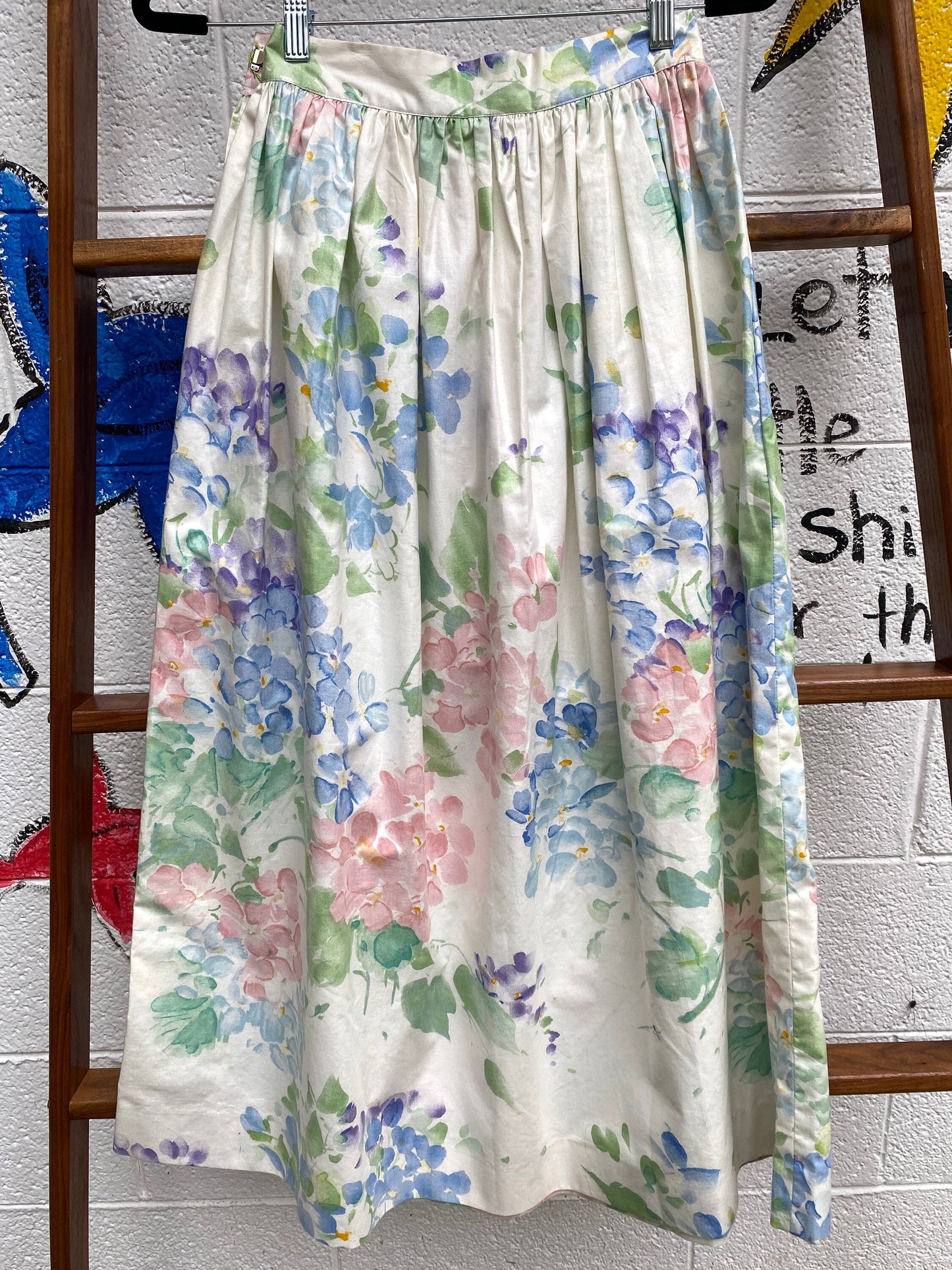 Tripp's Store : Currie-Bonner customized long skirt // size 6 // One of a kind painted and stitched print dirndl long skirt