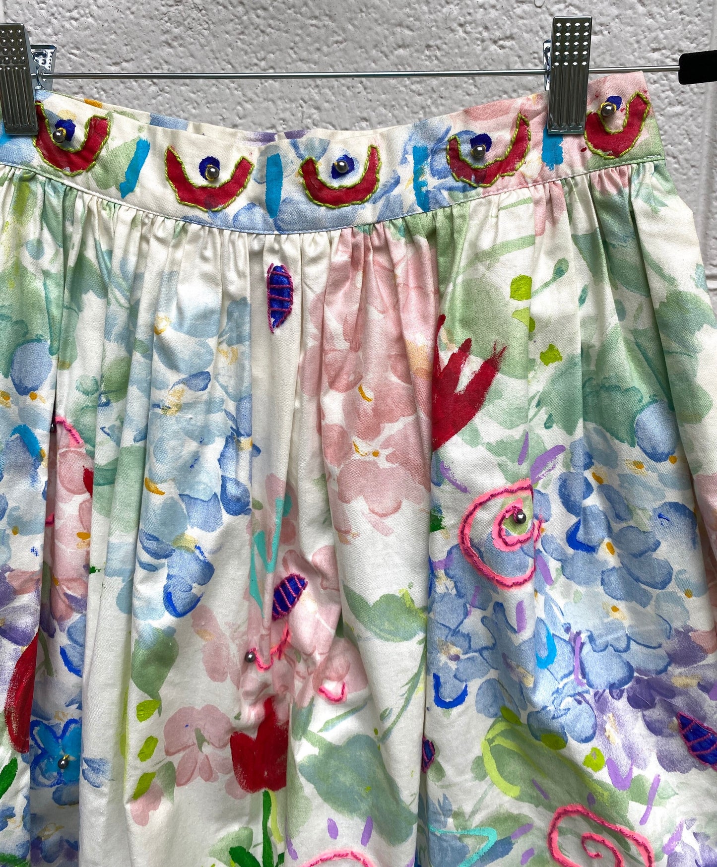 Tripp's Store : Currie-Bonner customized long skirt // size 6 // One of a kind painted and stitched print dirndl long skirt
