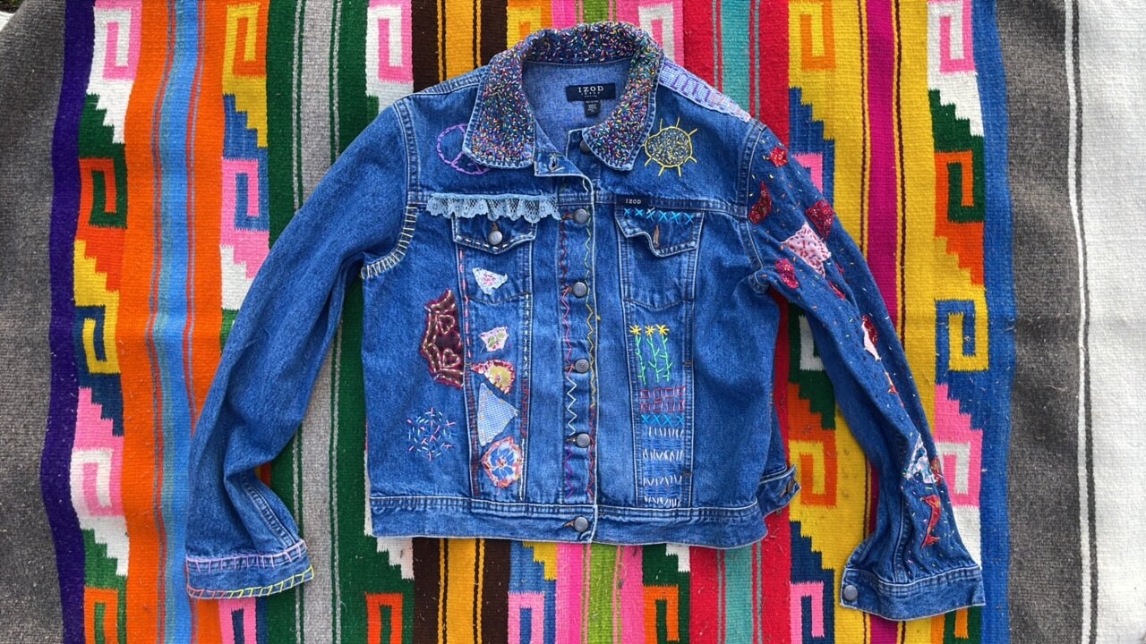 Tripp's Store / Jacket / Bespoke Vintage denim jacket One of a kind patchwork boho jean trucker jacket Izod Jeans petites Women's Size XS Petite