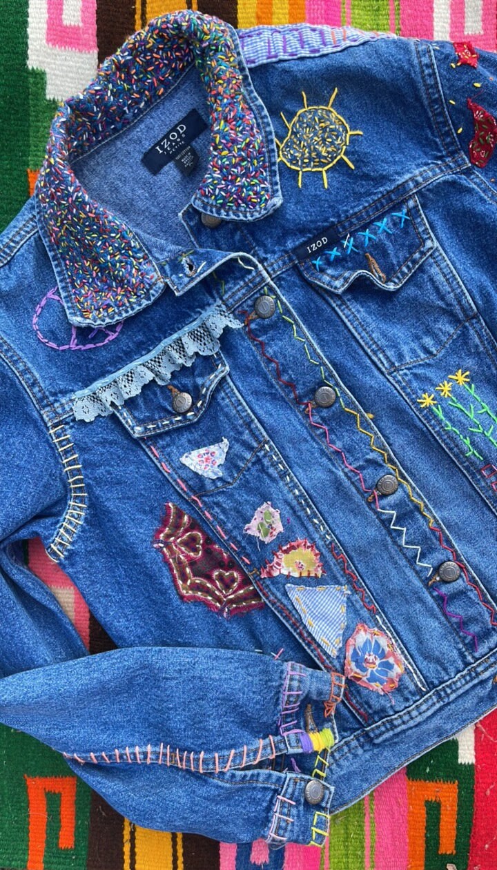 Tripp's Store / Jacket / Bespoke Vintage denim jacket One of a kind patchwork boho jean trucker jacket Izod Jeans petites Women's Size XS Petite