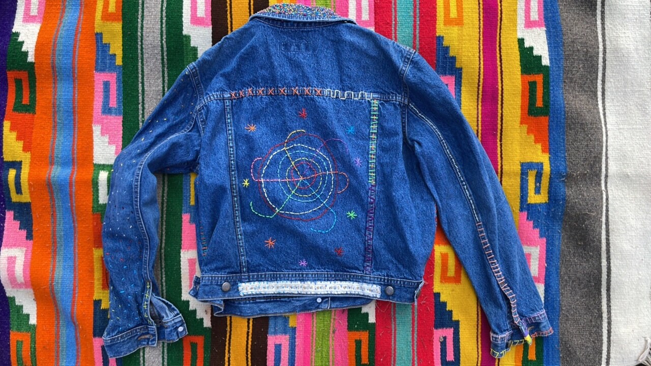 Tripp's Store / Jacket / Bespoke Vintage denim jacket One of a kind patchwork boho jean trucker jacket Izod Jeans petites Women's Size XS Petite