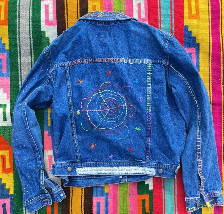 Tripp's Store / Jacket / Bespoke Vintage denim jacket One of a kind patchwork boho jean trucker jacket Izod Jeans petites Women's Size XS Petite