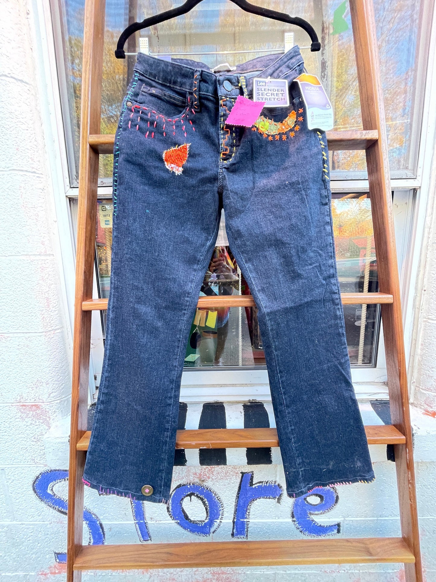 Tripp's Store : Bespoke Mid rise jeans // Size 6 Short // Embroidered hand stitch one of a kind 90s Mom cotton jeans