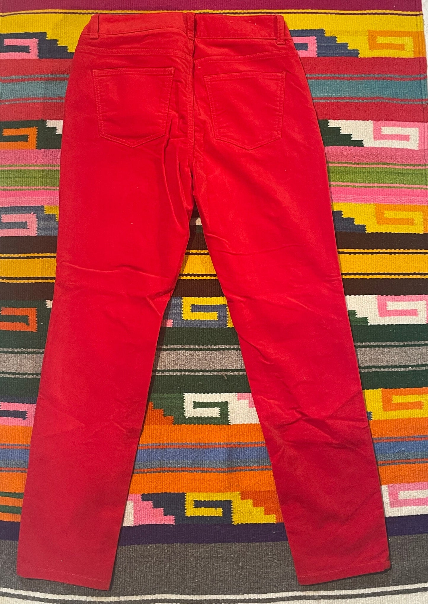 Tripp's Store : Red velvet bespoke women's jean style pants // size 4 P // One of a kind stitched and patched red velvet jeans