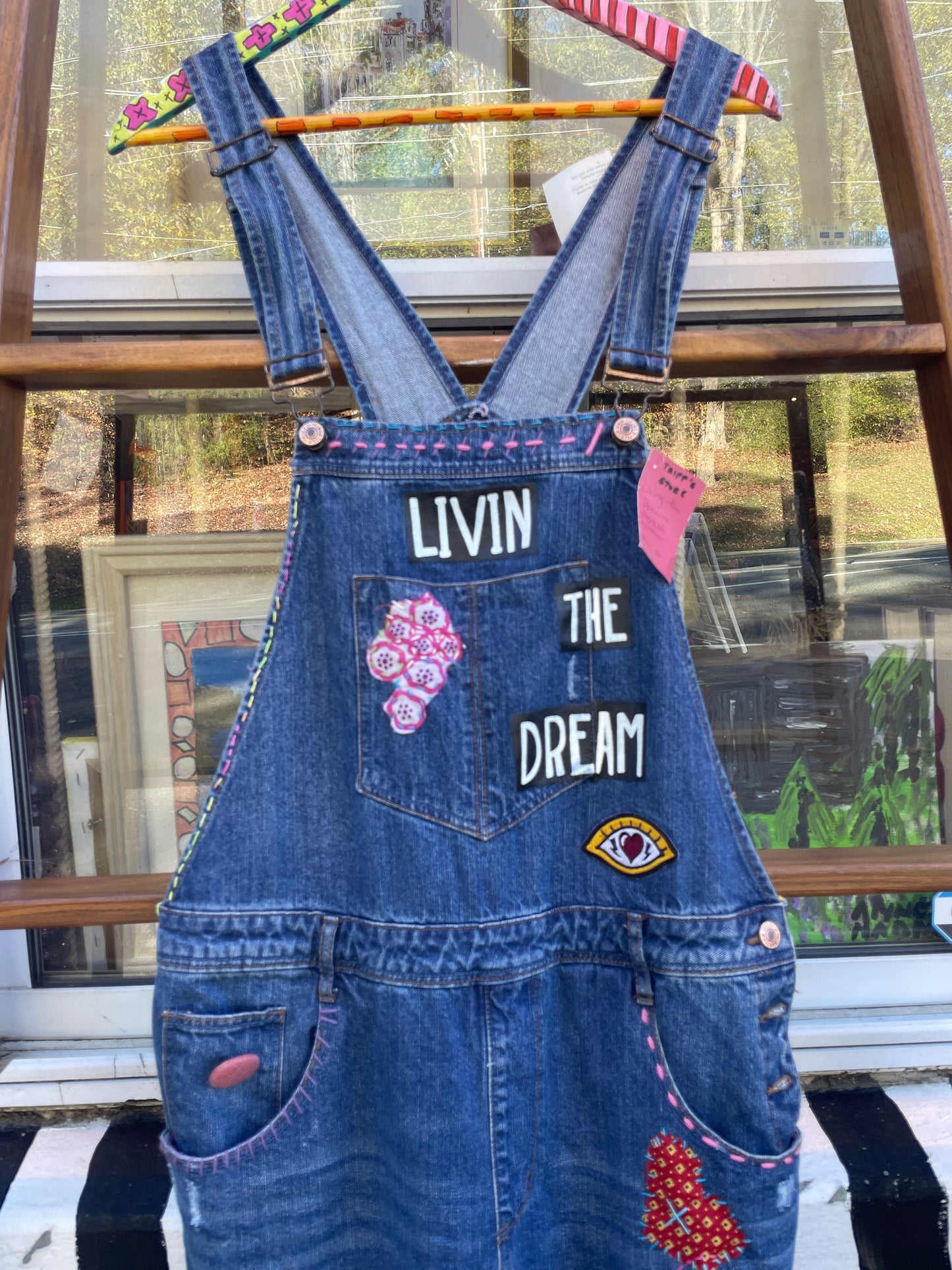 Tripp's Store : Bespoke Bib Overalls 36x28 One of a embroidered Mae Lettuce overalls overalls stitched boho patchwork denim Jean overalls