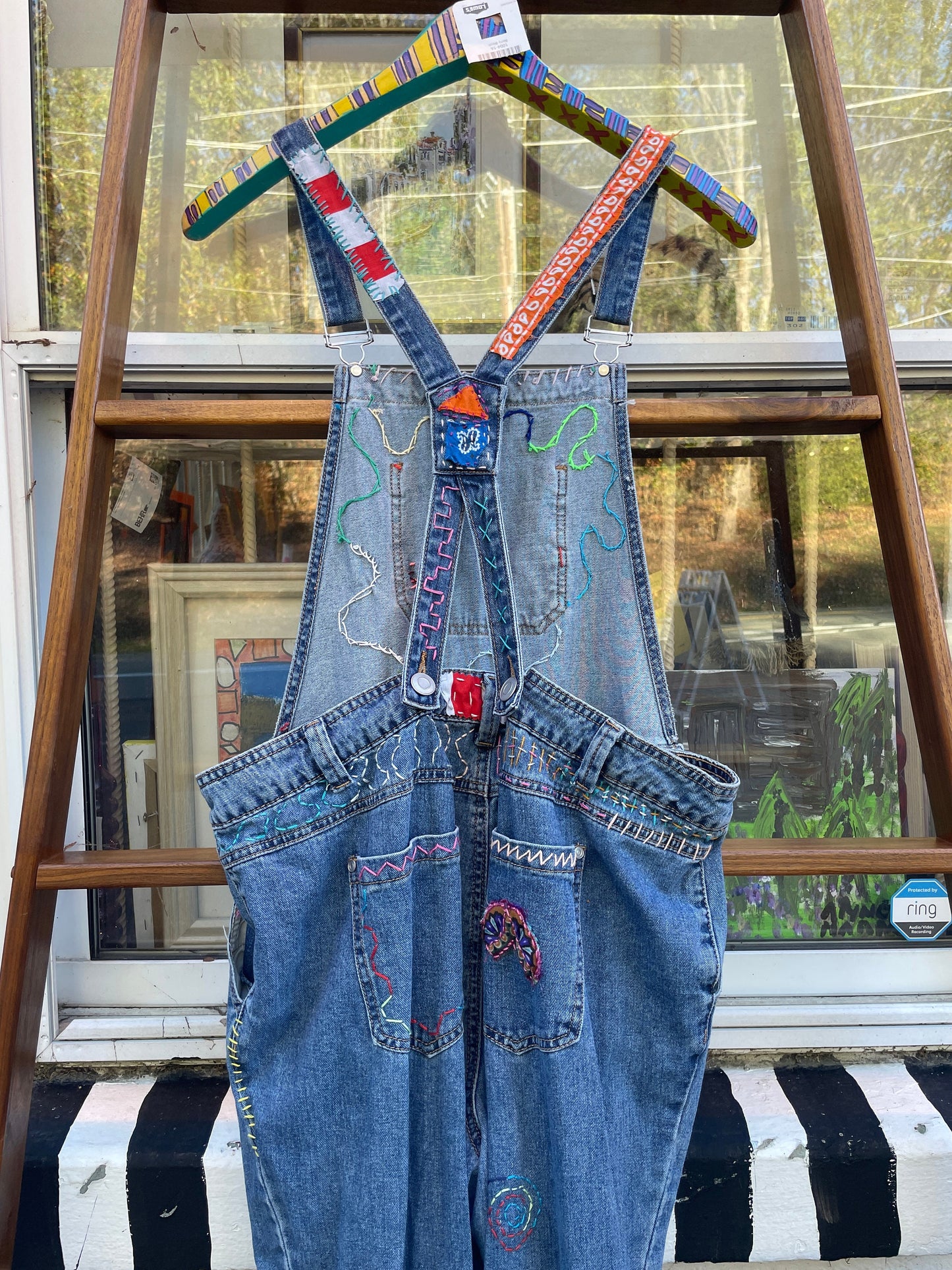 Tripp's Store : Bespoke light wash Vintage One of a kind Overalls // Unisex XL 40"x30" // Embroidered patchwork 90s boho Bib Overalls