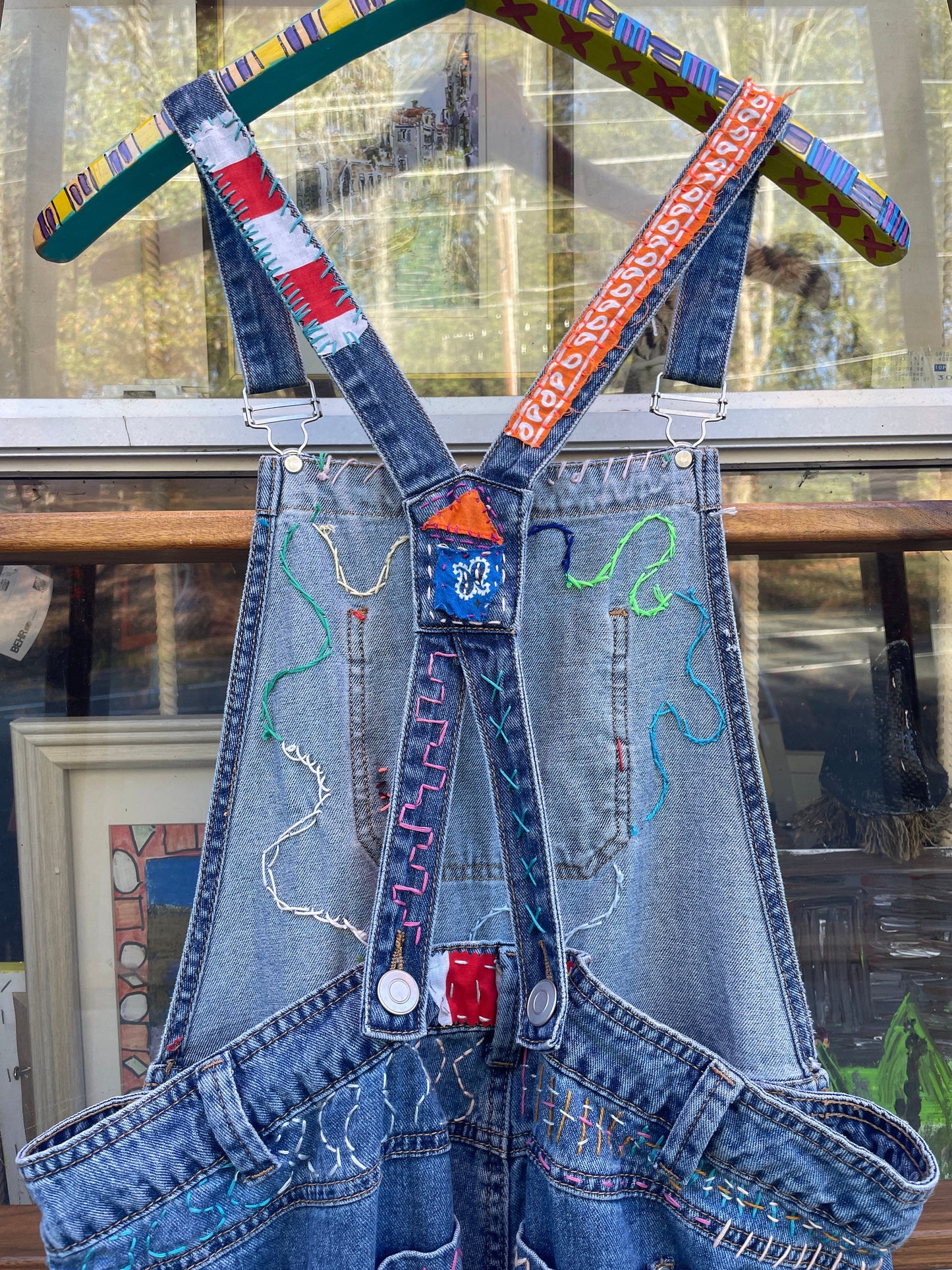 Tripp's Store : Bespoke light wash Vintage One of a kind Overalls // Unisex XL 40"x30" // Embroidered patchwork 90s boho Bib Overalls