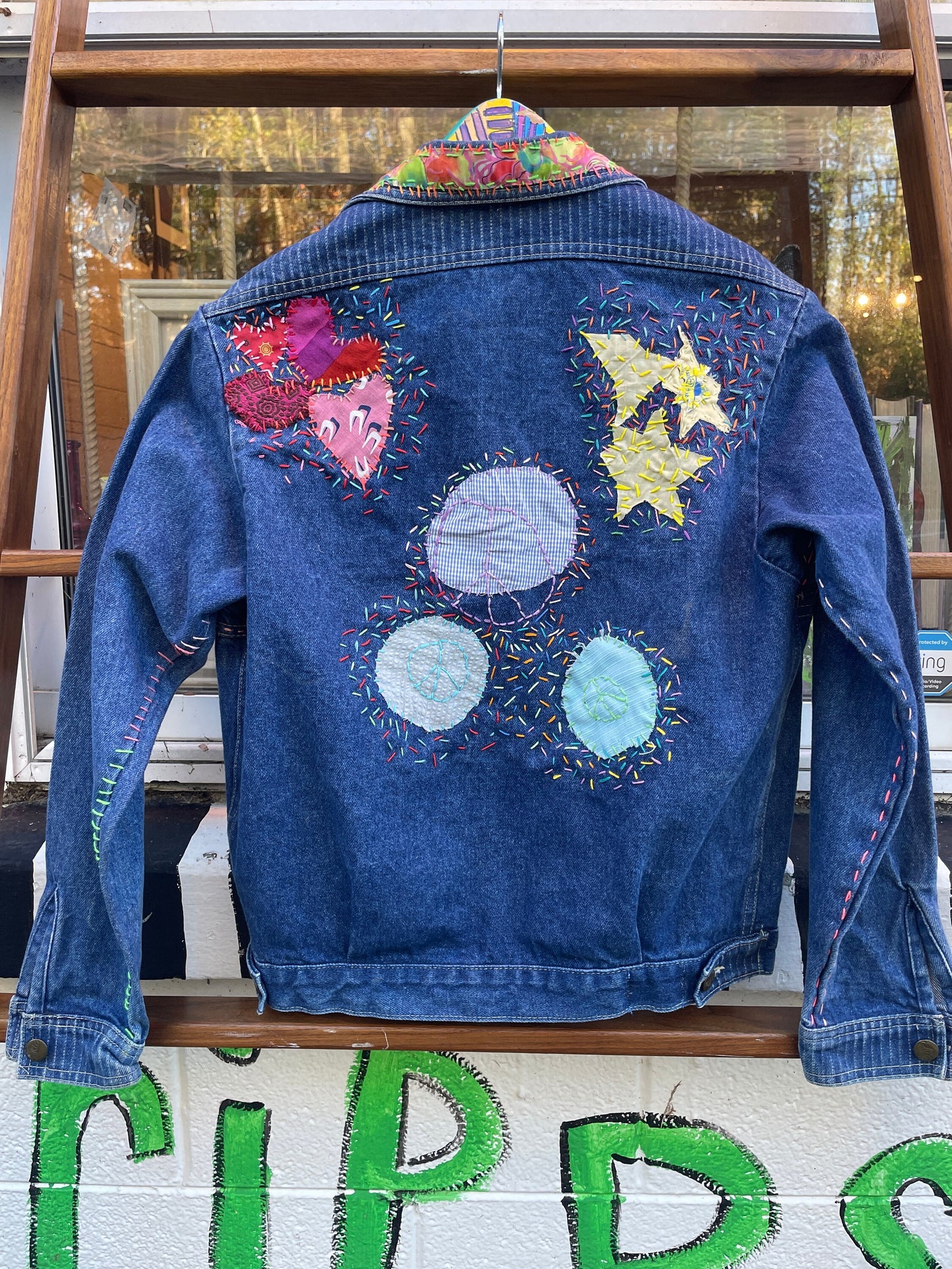 Tripp's Store : Bespoke blue jean jacket // medium // Colorfully stitched and patched one of a kind denim jacket