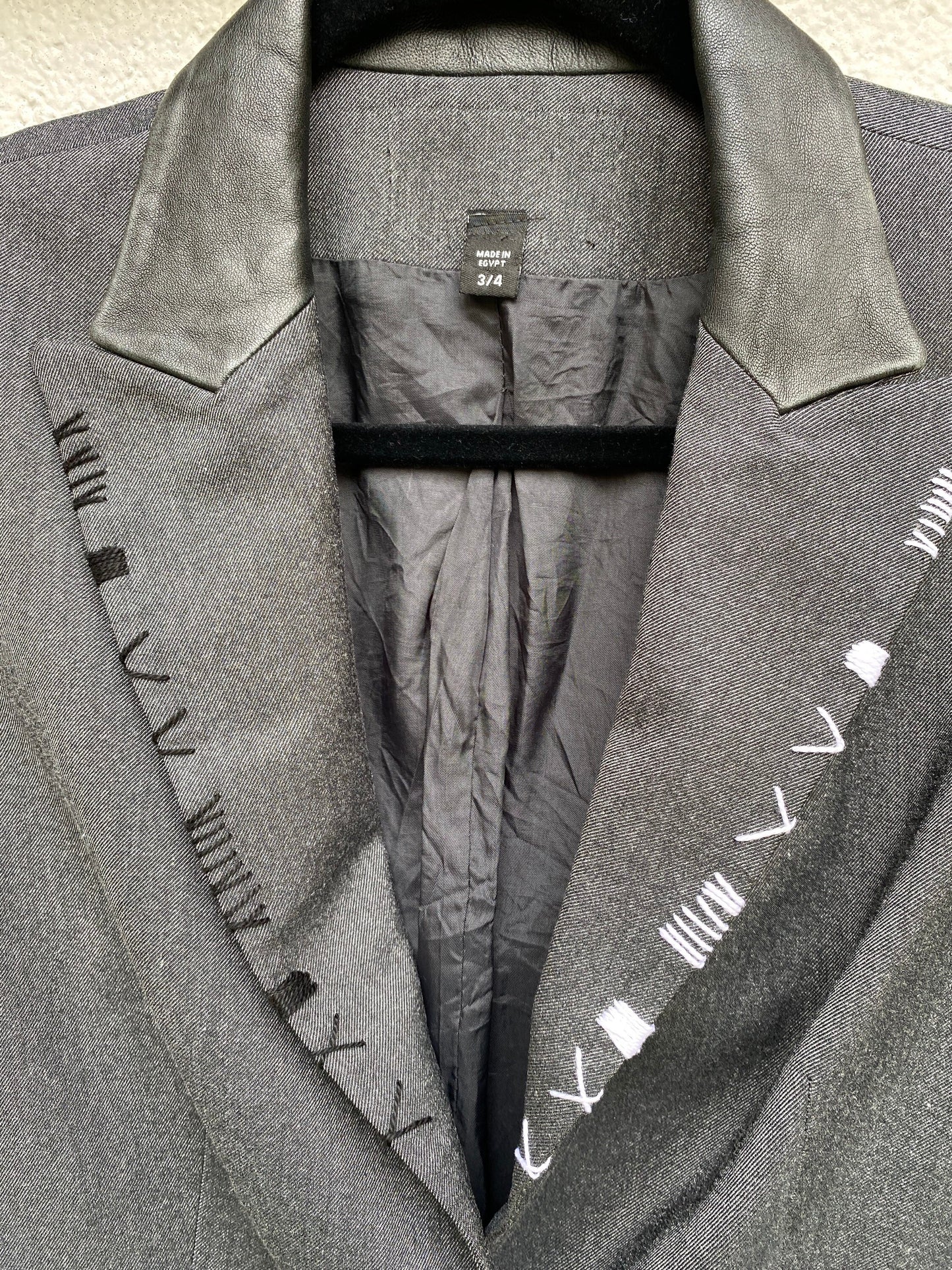 Tripp's Store : Gray and black custom stitched blazer // size 3/4 // Bespoke black leather trimmed blazer