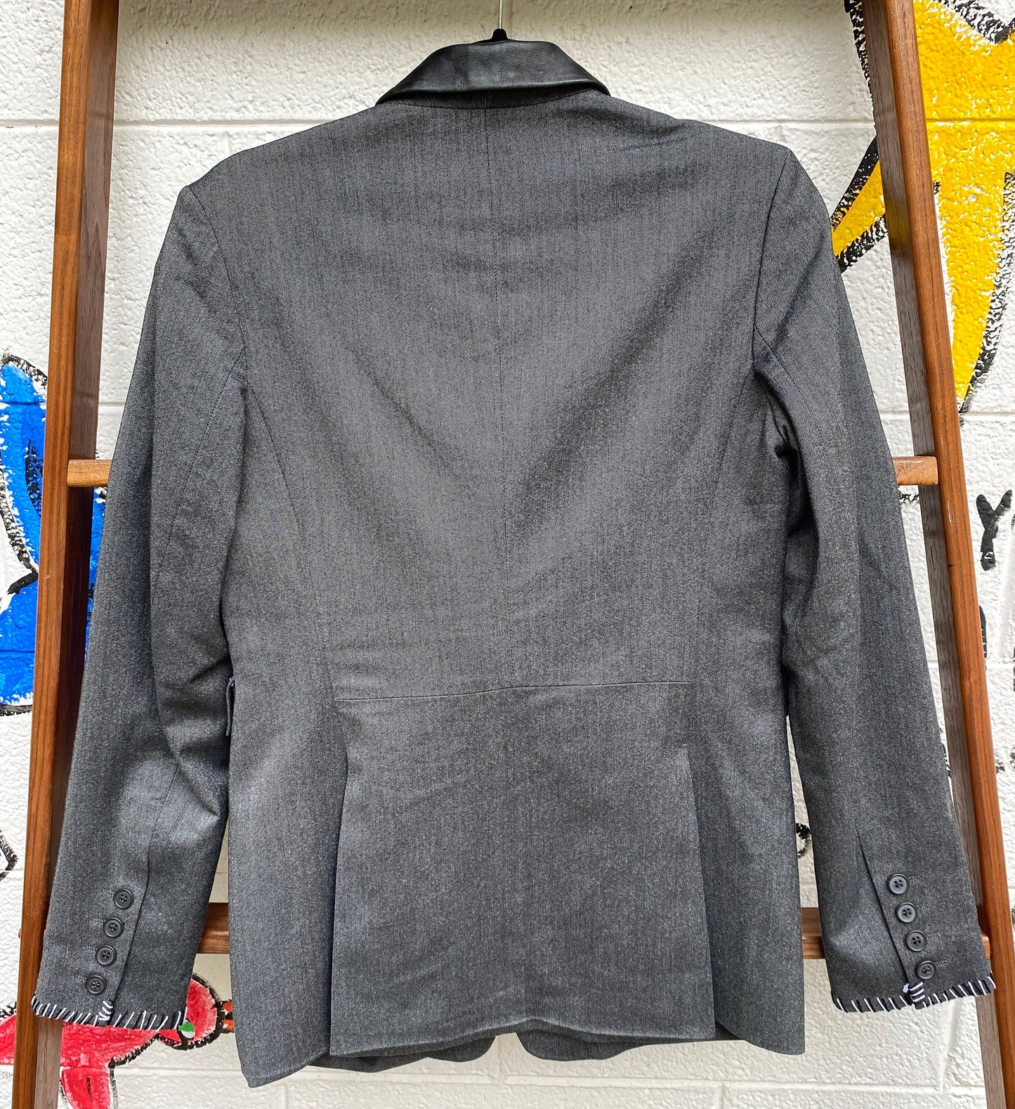 Tripp's Store : Gray and black custom stitched blazer // size 3/4 // Bespoke black leather trimmed blazer