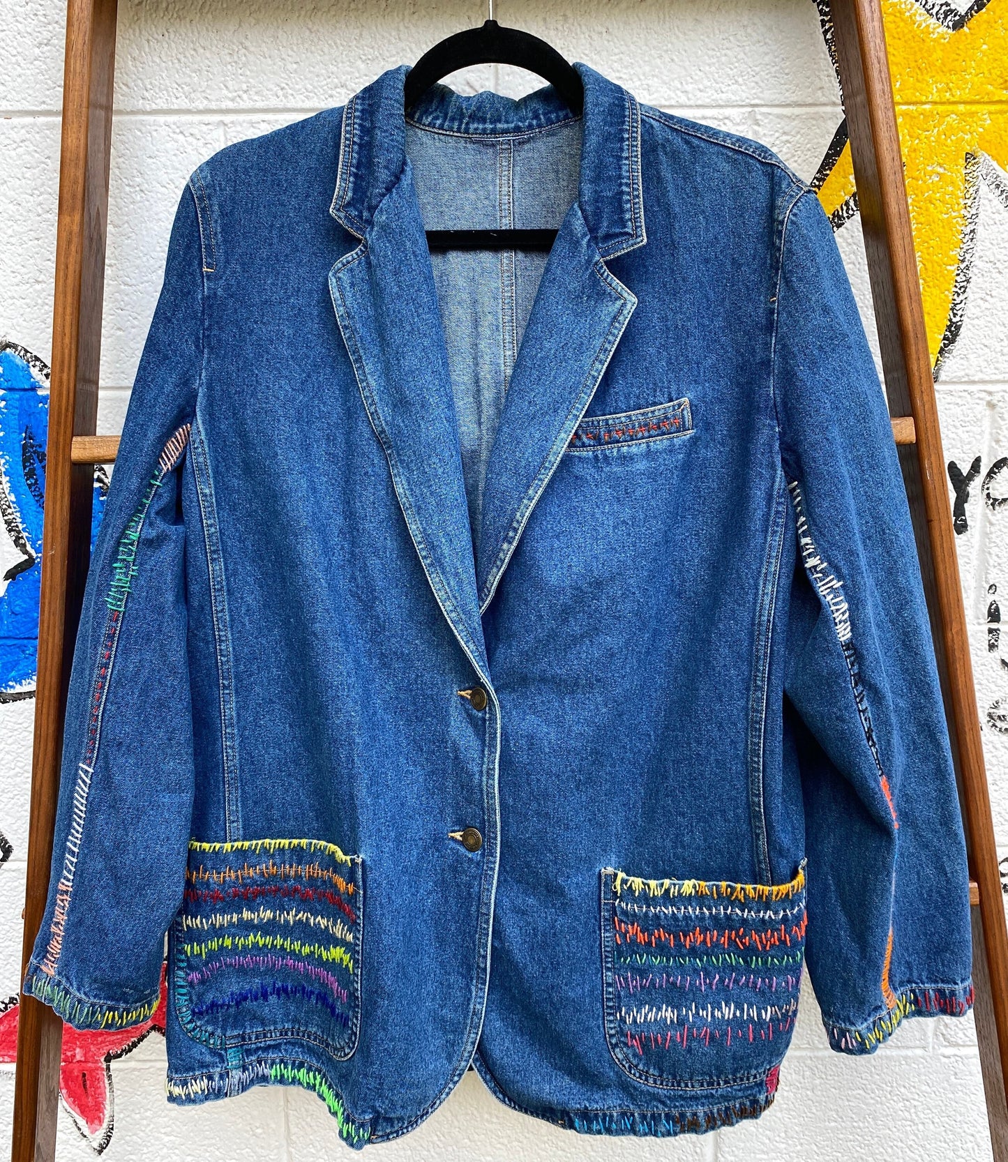 Tripp's Store : One of a kind stitched denim blazer // size large // Stitched bespoke blue jean blazer