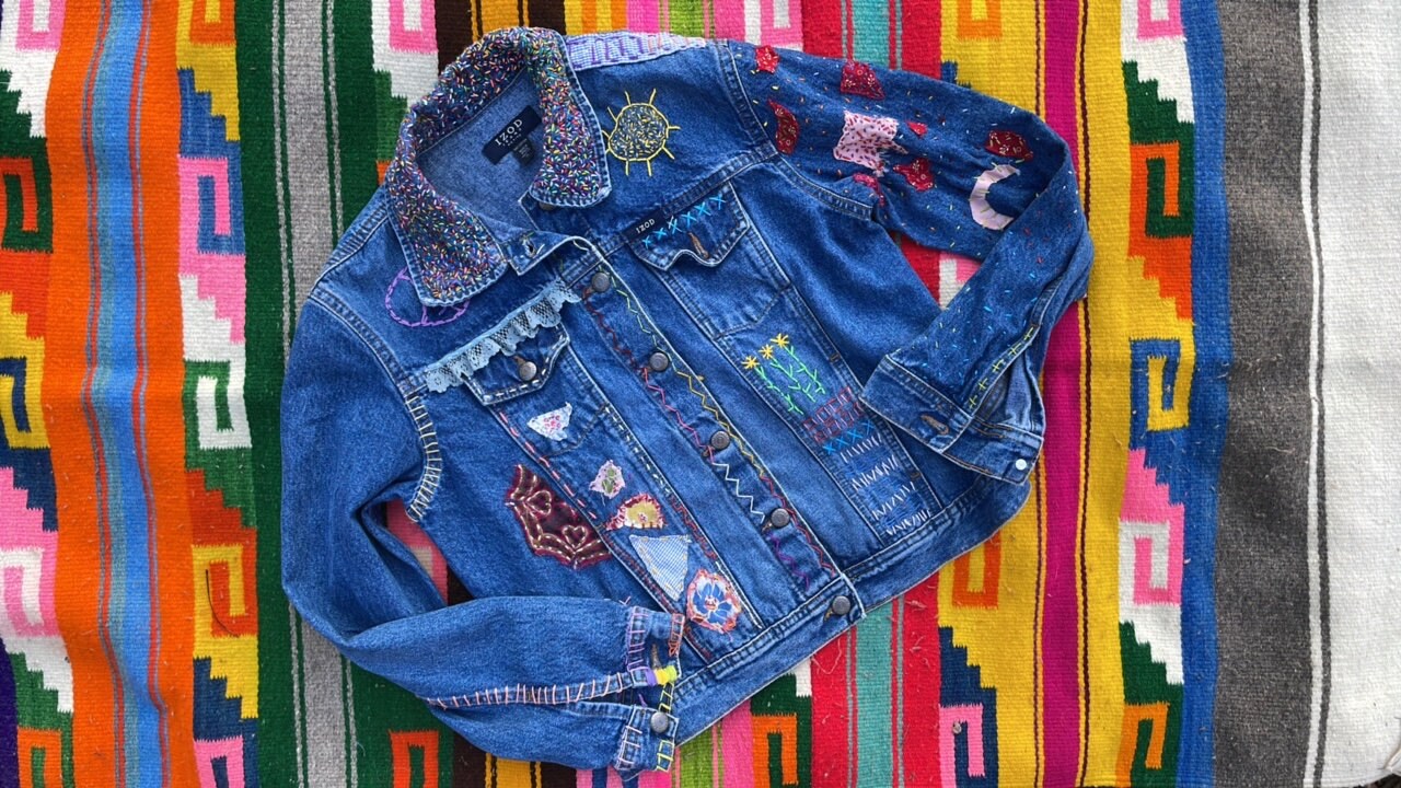 Tripp's Store / Jacket / Bespoke Vintage denim jacket One of a kind patchwork boho jean trucker jacket Izod Jeans petites Women's Size XS Petite