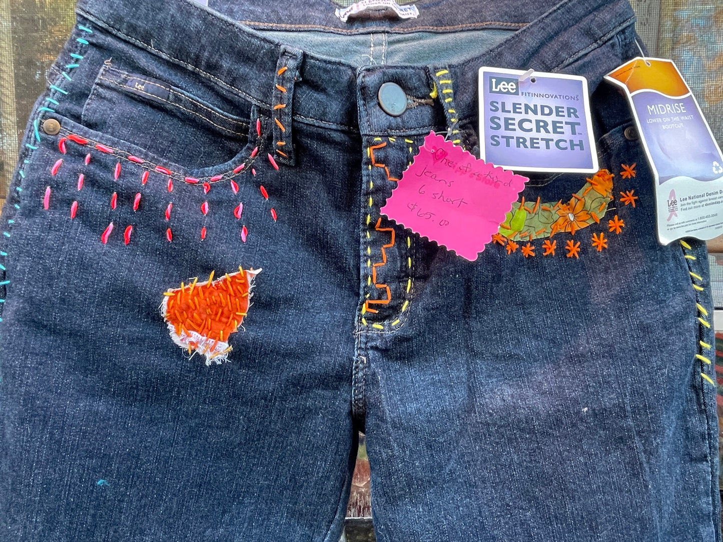 Tripp's Store : Bespoke Mid rise jeans // Size 6 Short // Embroidered hand stitch one of a kind 90s Mom cotton jeans