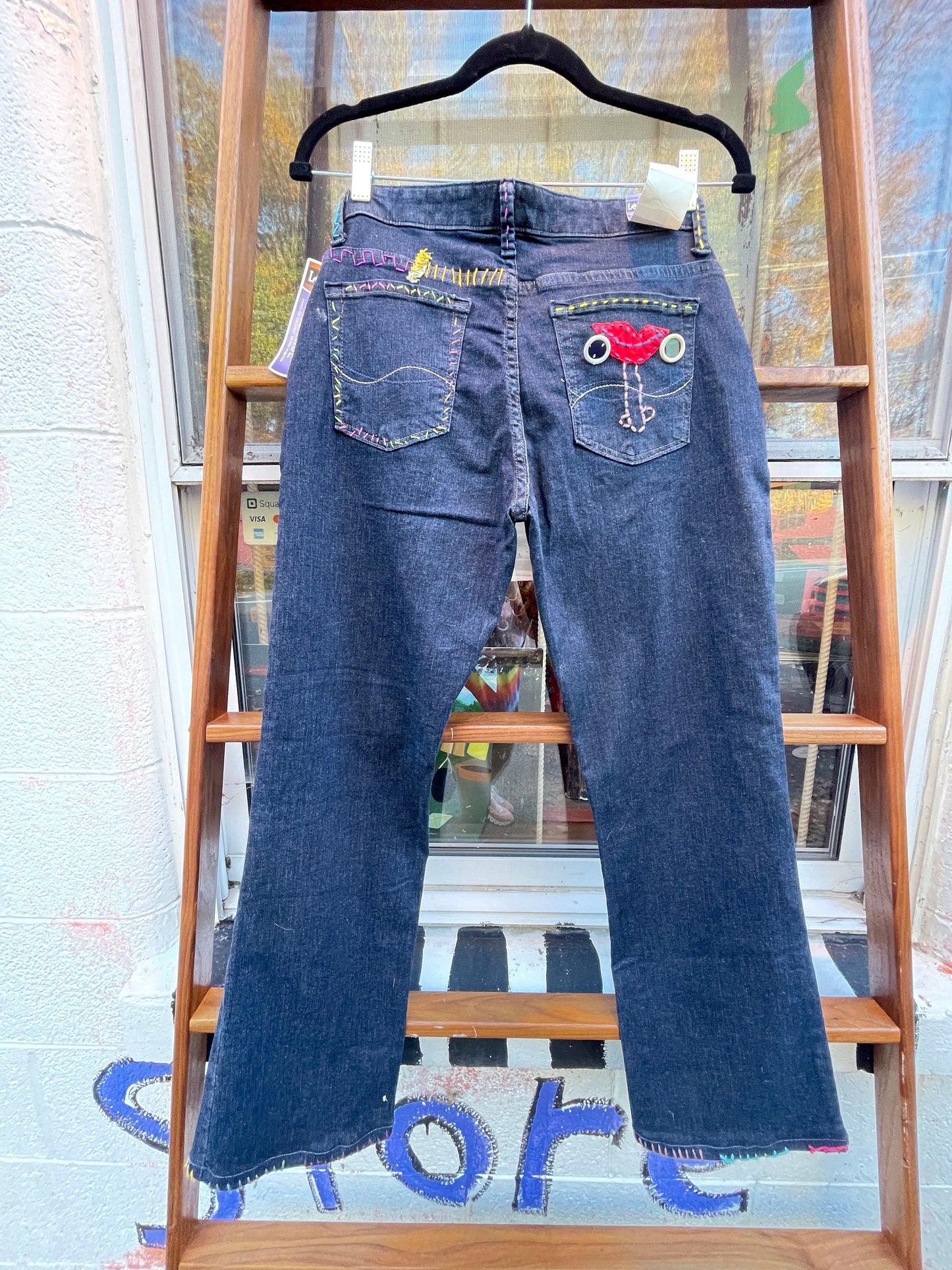 Tripp's Store : Bespoke Mid rise jeans // Size 6 Short // Embroidered hand stitch one of a kind 90s Mom cotton jeans