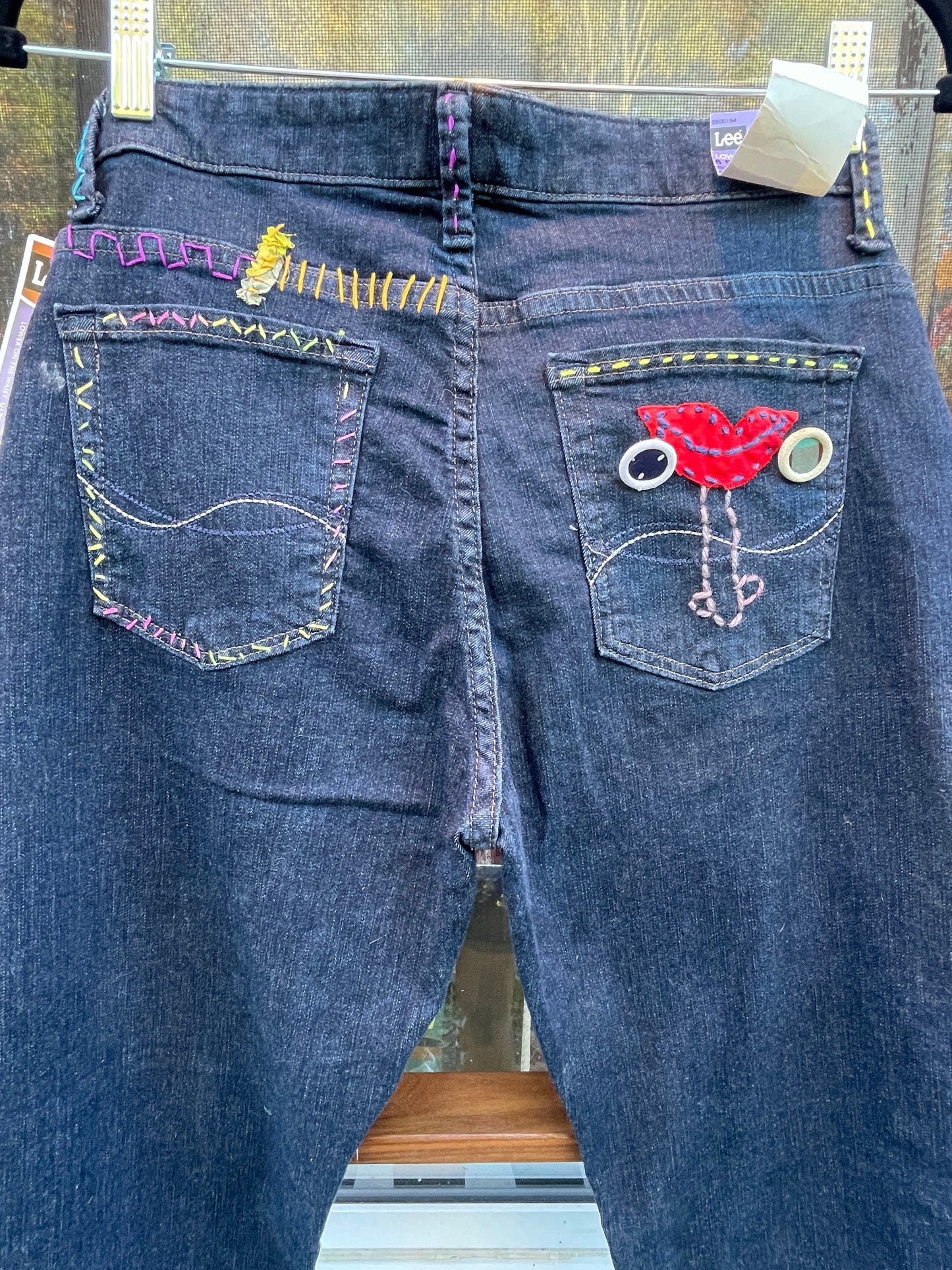 Tripp's Store : Bespoke Mid rise jeans // Size 6 Short // Embroidered hand stitch one of a kind 90s Mom cotton jeans