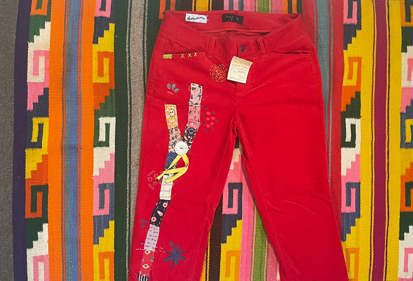 Tripp's Store : Red velvet bespoke women's jean style pants // size 4 P // One of a kind stitched and patched red velvet jeans