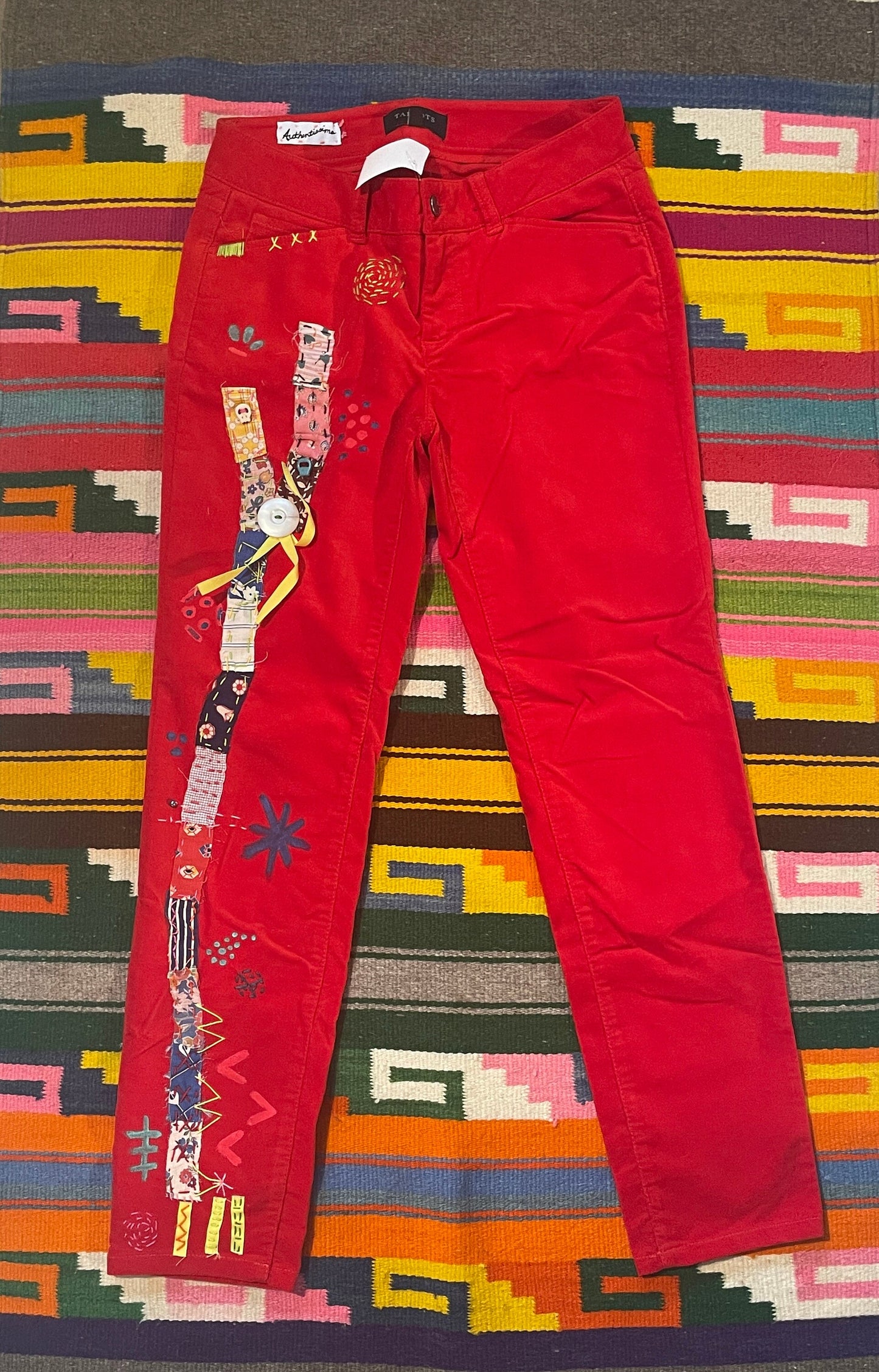 Tripp's Store : Red velvet bespoke women's jean style pants // size 4 P // One of a kind stitched and patched red velvet jeans