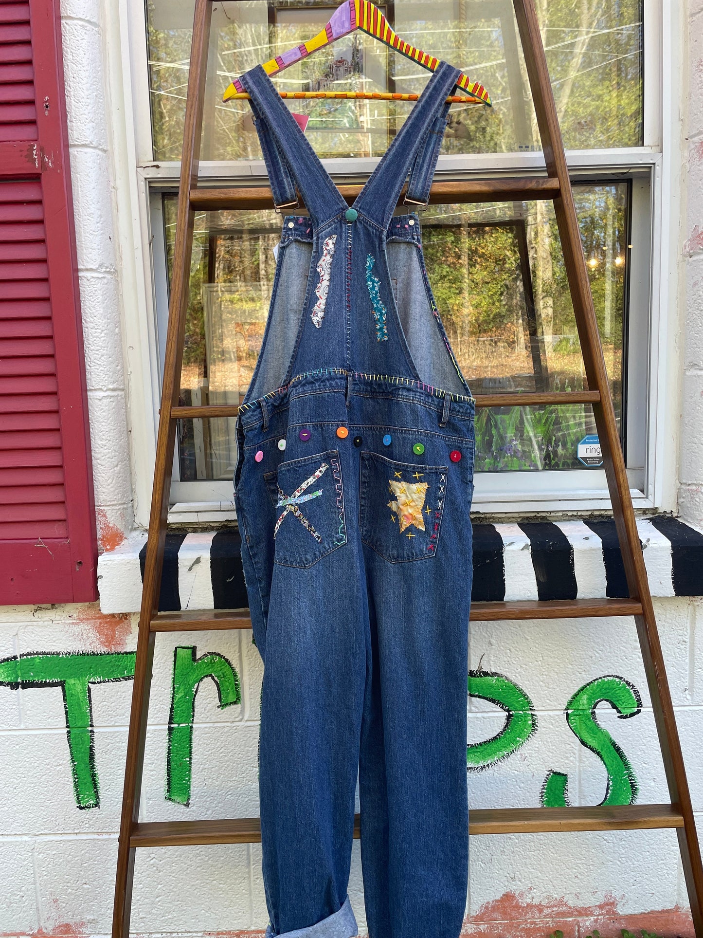Tripp's Store : Bespoke Bib Overalls 36x28 One of a embroidered Mae Lettuce overalls overalls stitched boho patchwork denim Jean overalls