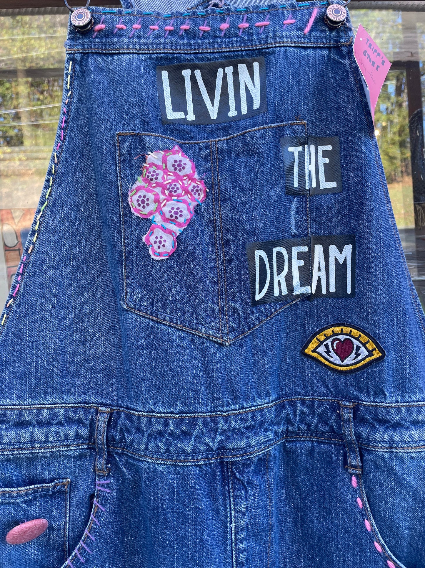 Tripp's Store : Bespoke Bib Overalls 36x28 One of a embroidered Mae Lettuce overalls overalls stitched boho patchwork denim Jean overalls