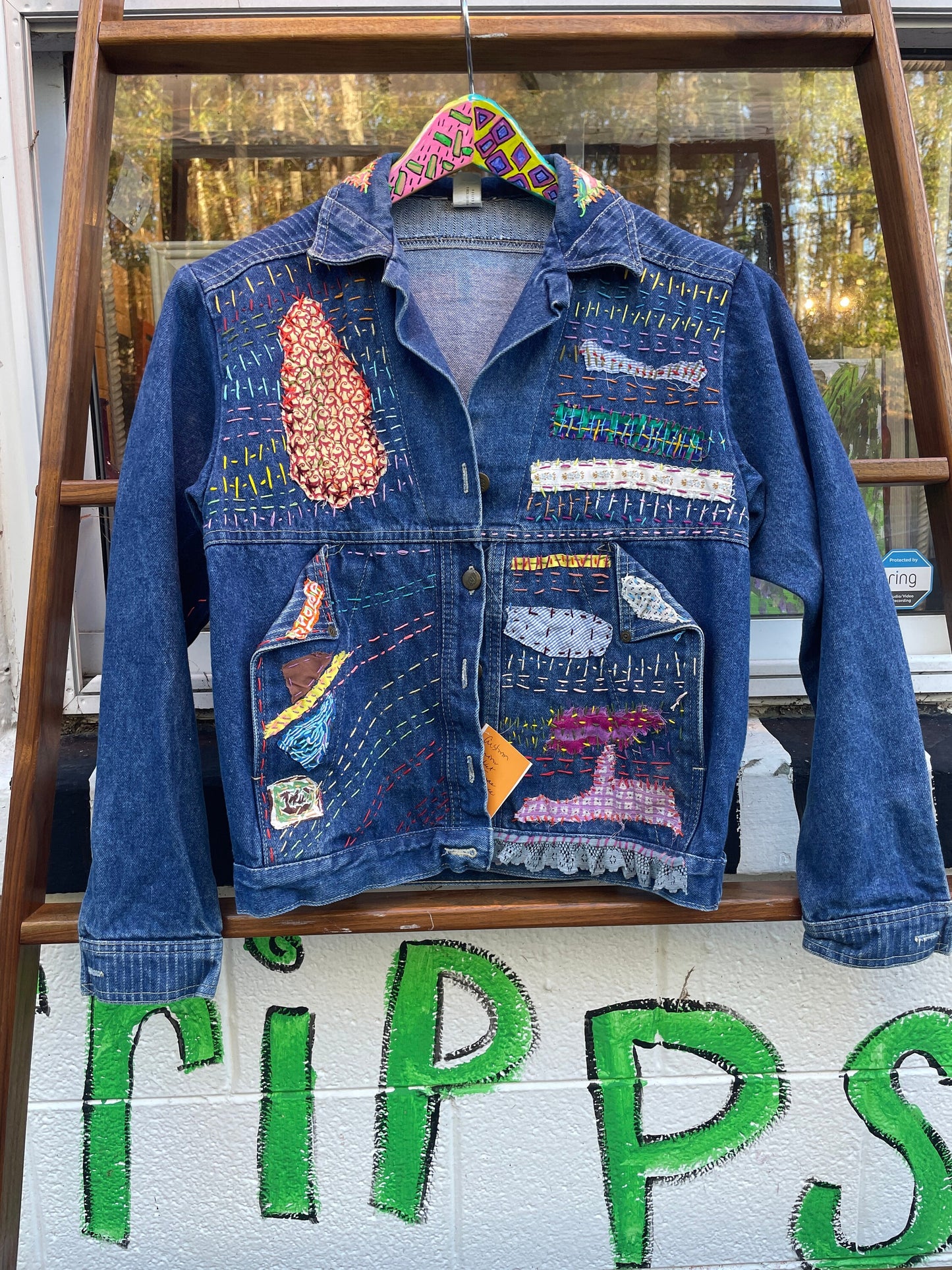 Tripp's Store : Bespoke blue jean jacket // medium // Colorfully stitched and patched one of a kind denim jacket