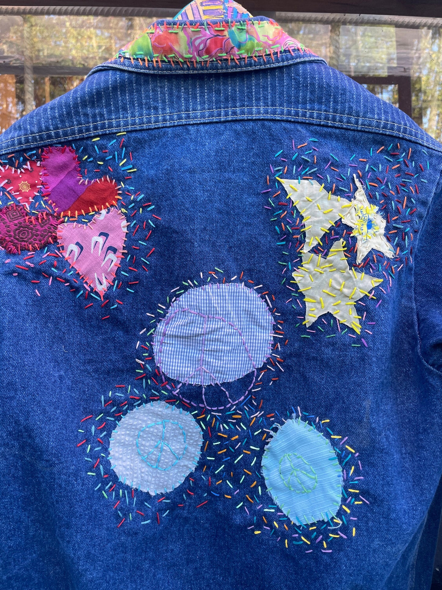 Tripp's Store : Bespoke blue jean jacket // medium // Colorfully stitched and patched one of a kind denim jacket