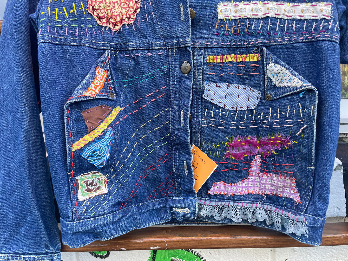 Tripp's Store : Bespoke blue jean jacket // medium // Colorfully stitched and patched one of a kind denim jacket
