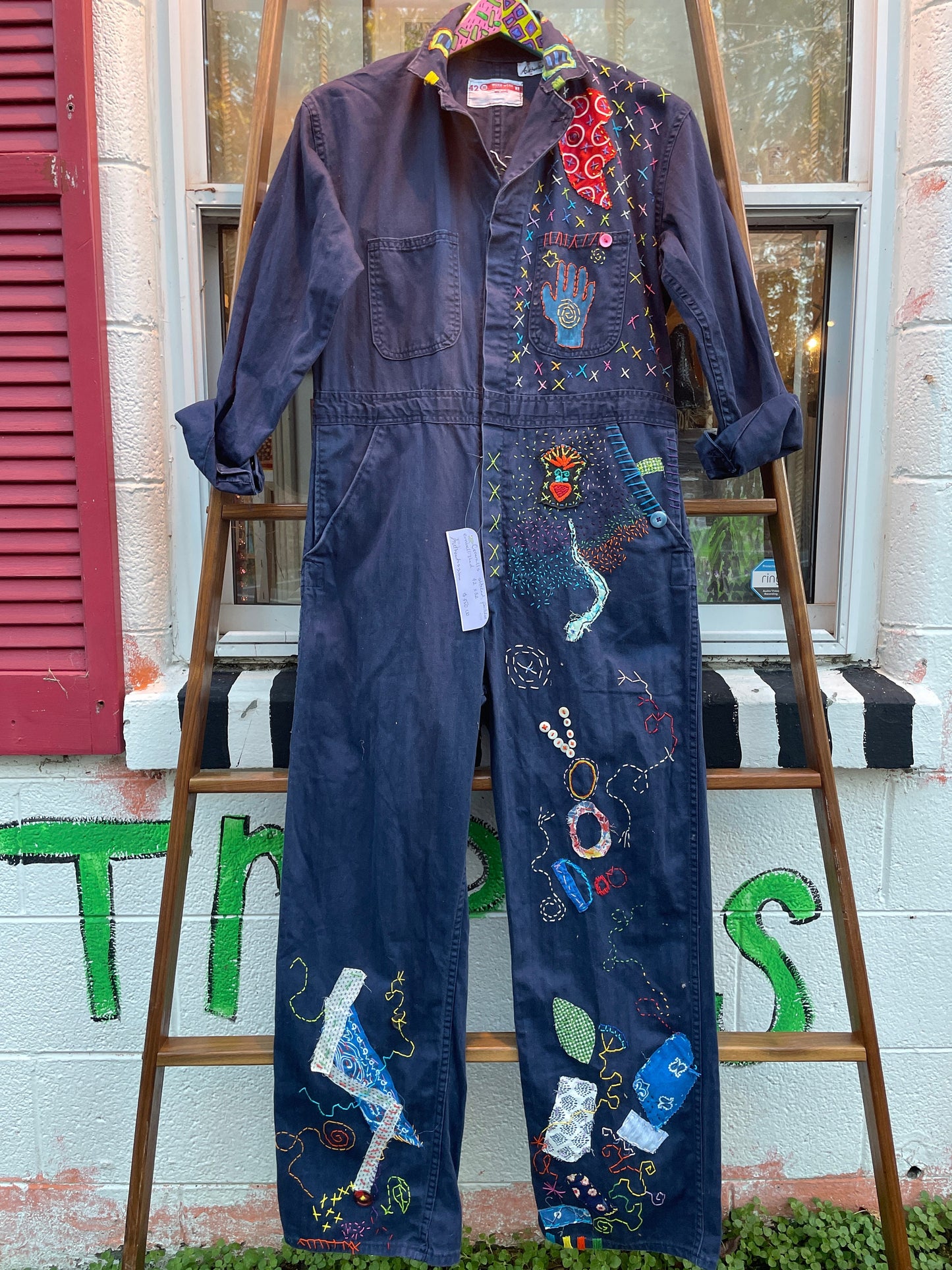 Tripp's Store : Bespoke coverall/boiler suit // 42 X 32 // Navy blue one of a kind boho art flight suit jumpsuit coveralls